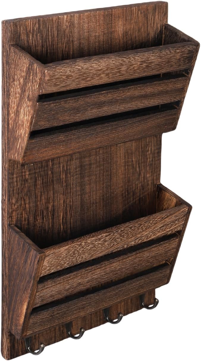 2-Slot Wood Mail and Key Holder / Rustic Brown