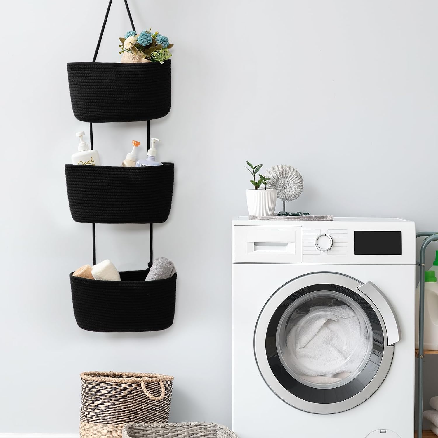 3-Tier Woven Cotton Wall-Mounted Storage Organizer Bag Decorative Hanging Nursery / Black