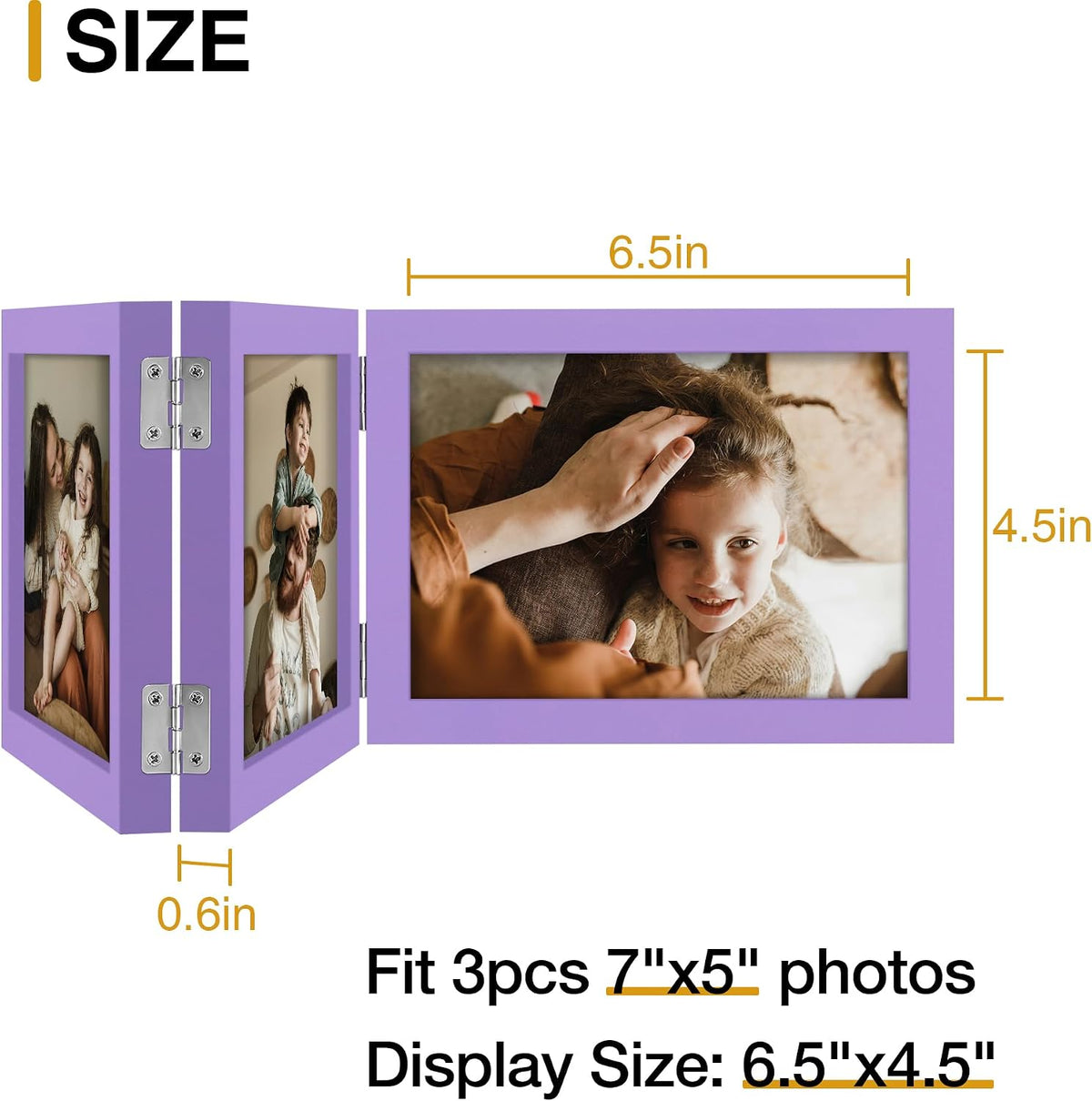 decorUhome Purple Triple 7x5 Picture Frame Horizontal, MDPP08 | "Z" Shape Folding Design Engineered Wood Trifold Photo