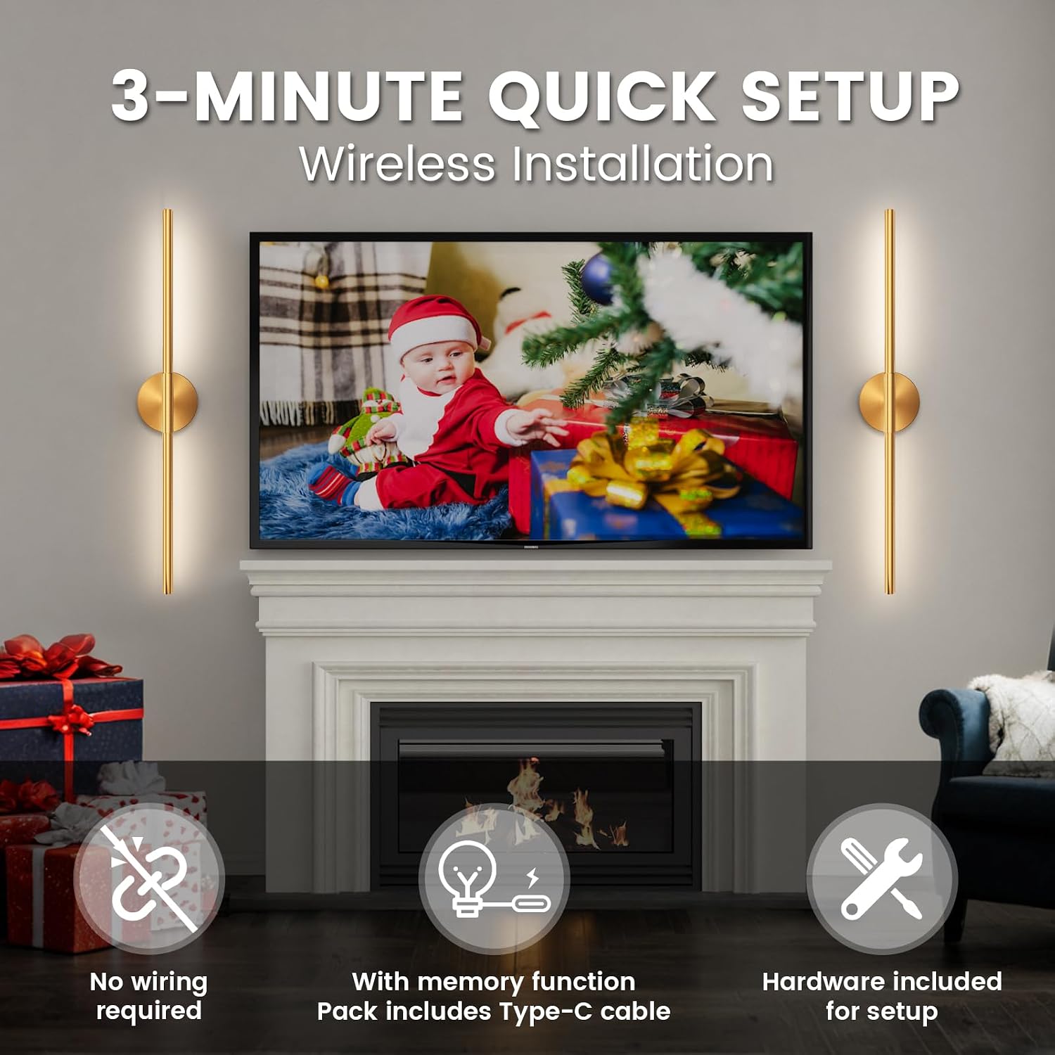 JOFIOS Battery Operated Wall Sconces Set of 2, 34.7In Gold Remote Control | 360°Rotation Wireless Rechargeable Wall