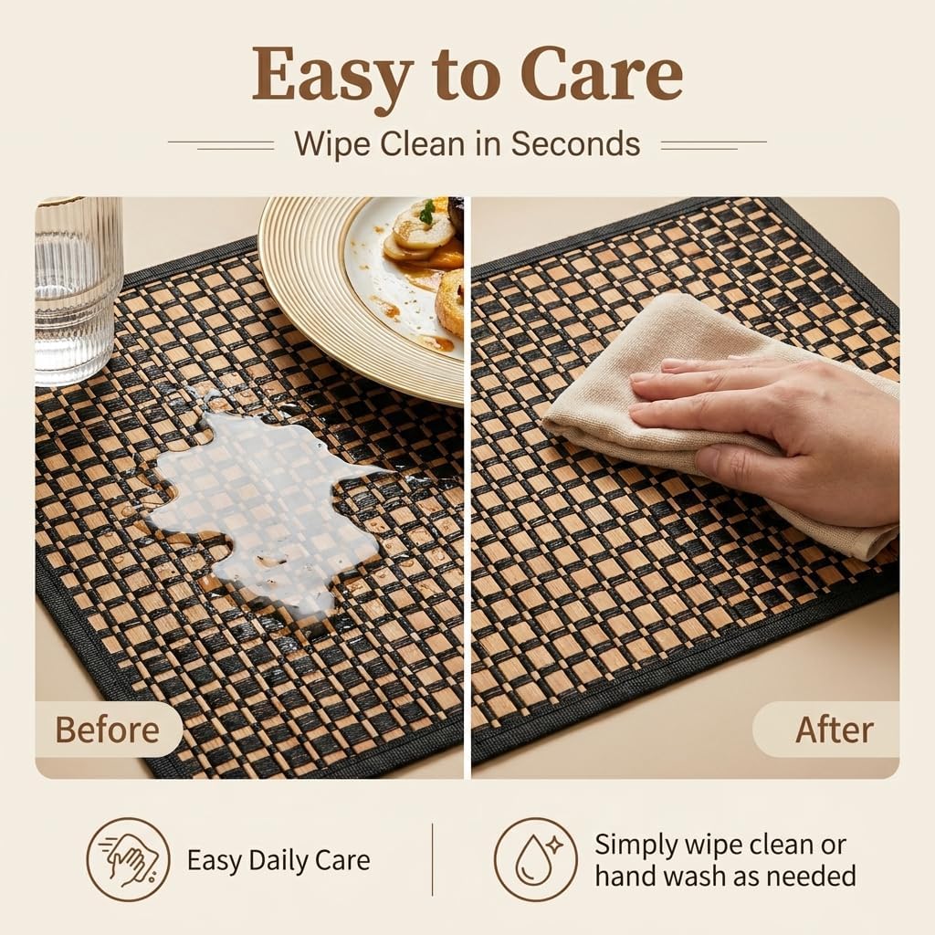 Eorbow 8 Pack Bamboo Placemats, Natural Anti-Slip Dining Table Mats, Heat-Resistant Place Mats, Japanese Style Washable