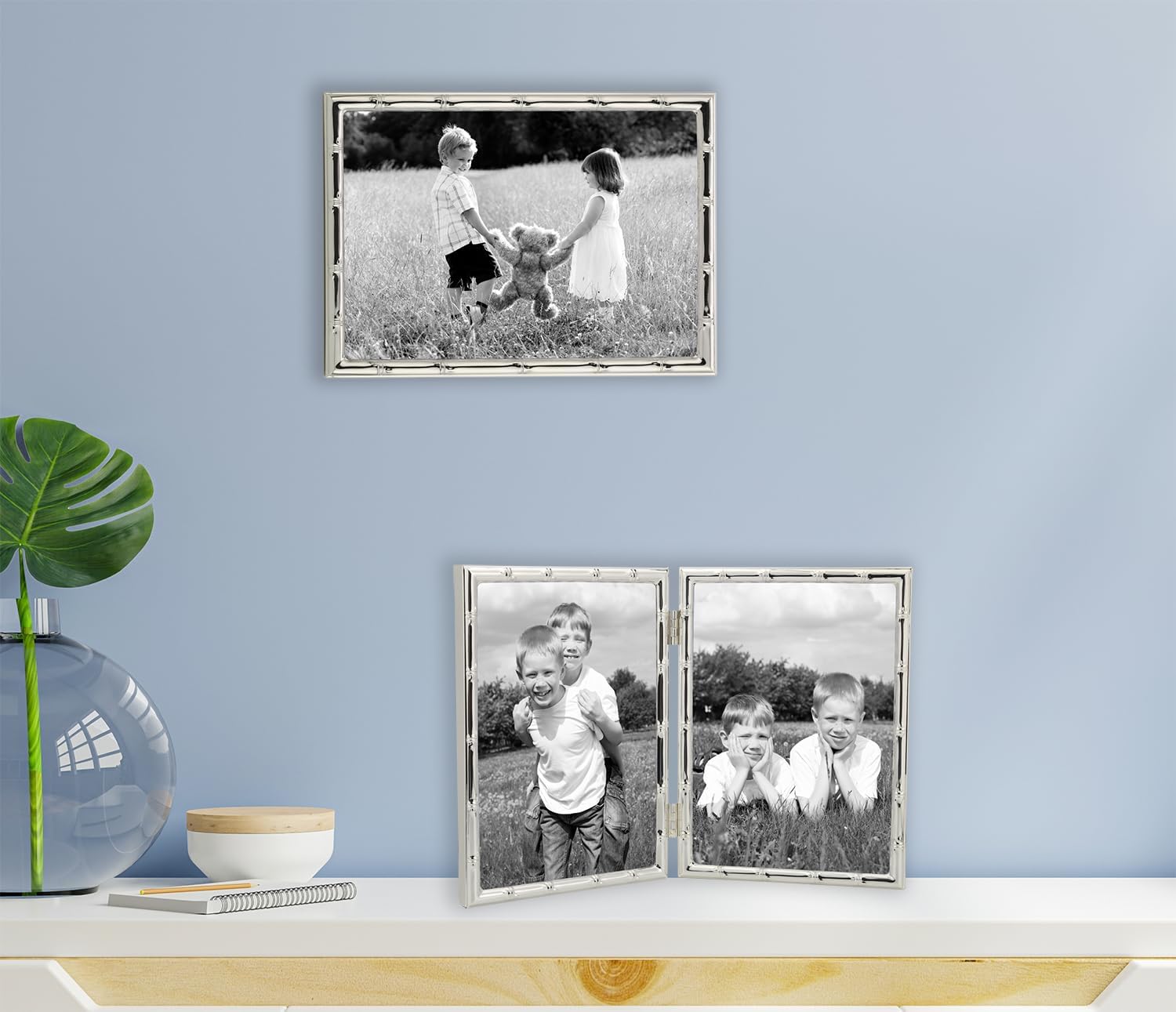 YiPinYin Silver 5x7'' Bamboo Detail Double Metal Picture Frame,Elegant Elegant Narrow Profile Silver Plated Photo