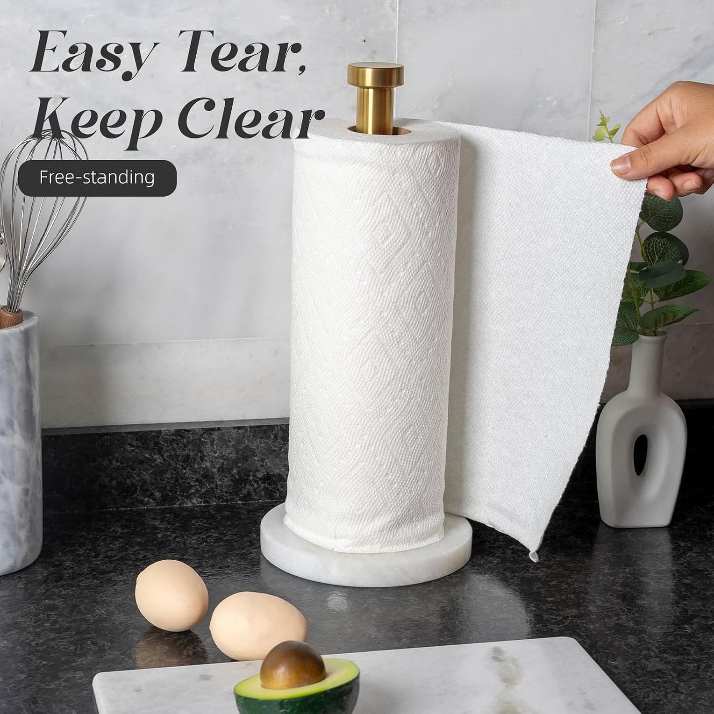 African Genuine Marble Paper Towel Holder Countertop, 6" Stone Base Gold Rod Paper Towel Holder Stand for Kitchen