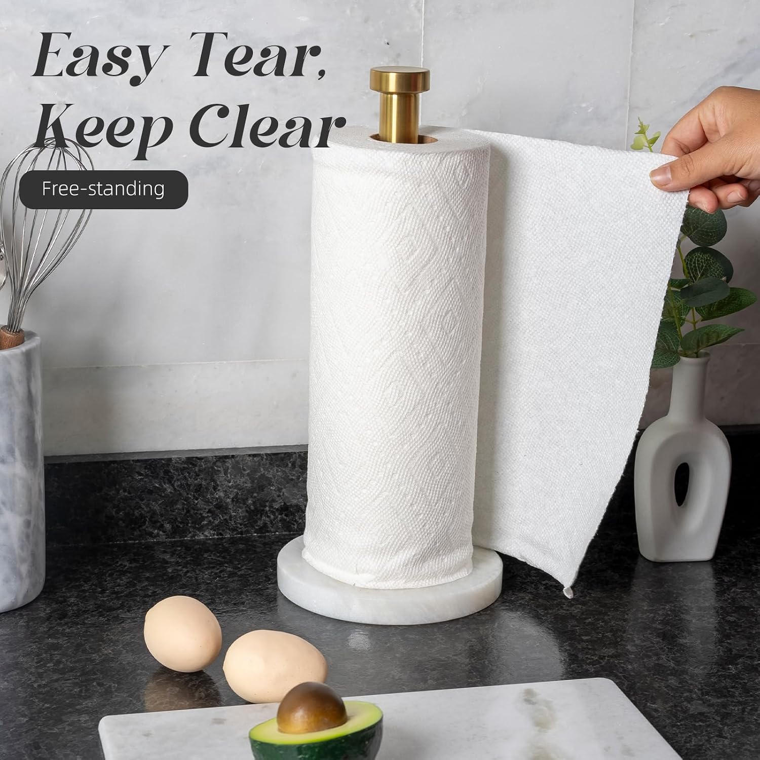African Genuine Marble Paper Towel Holder Countertop, 6" Stone Base Gold Rod Paper Towel Holder Stand for Kitchen