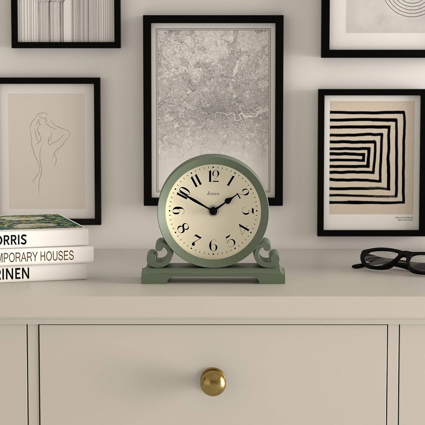 JONES CLOCKS® Saloon Mantel Clock | Small Traditional Double Scroll Design | Green | Contemporary Classic Style for