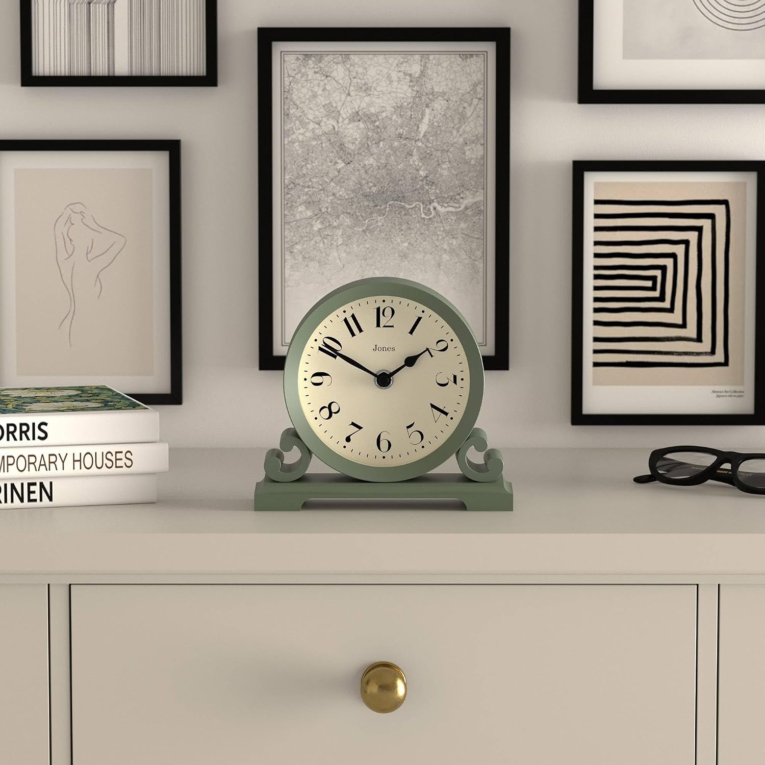 JONES CLOCKS® Saloon Mantel Clock | Small Traditional Double Scroll Design | Green | Contemporary Classic Style for