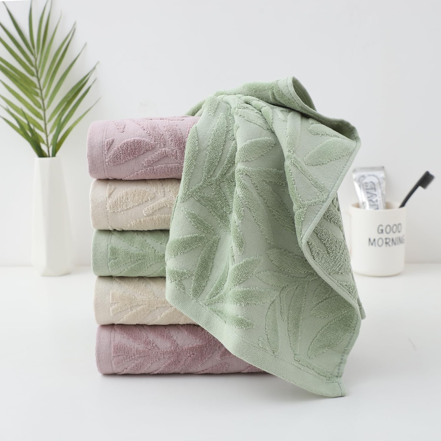 Hand Towels Set of 4 Leaf Pattern 100% Cotton Absorbent Soft Decorative Towel for Bathroom (Green)
