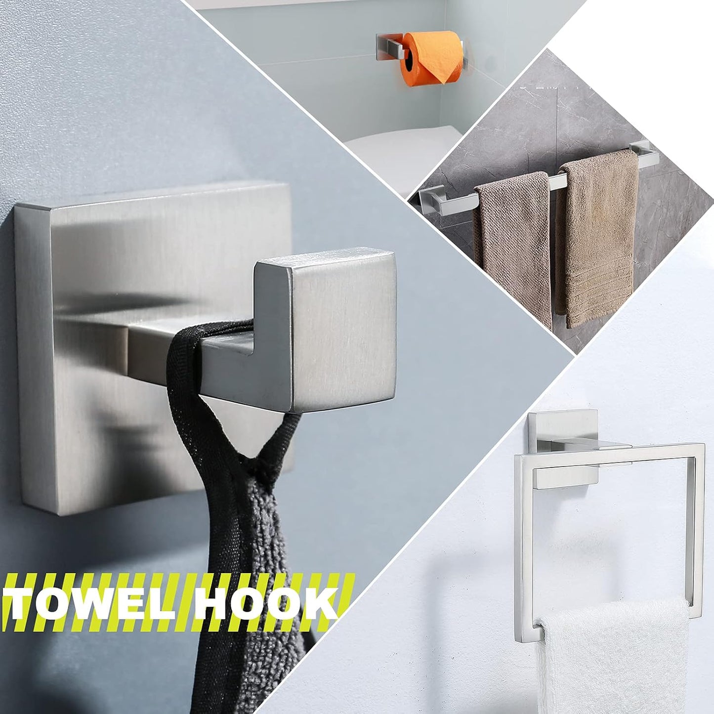 Brushed 4-Piece Bathroom Hardware Set Premium Stainless Steel Bath Towel Bar Sets Wall Mounted Square Bathroom