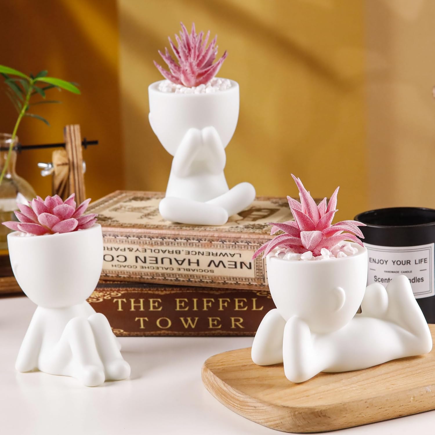 Fake Succulents Plants Artificial Room Office Desk Decor for Women / Pink / Set of 3