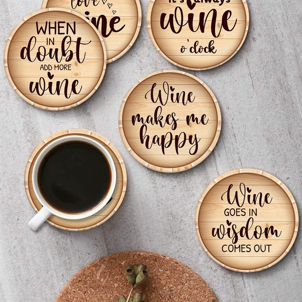 Wine Stamp Wooden Bottle Absorbent Round Ceramic Stone Mat / Retro 8 / Set of 6