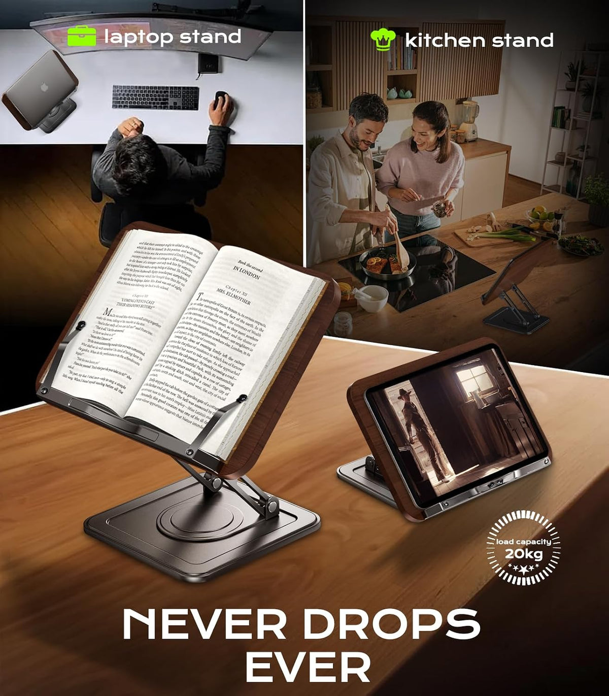 LOXP Book Stand for Reading, 360° Rotating Holder with Page Clip, Ergonomic | Adjustable height angle, Hands-free