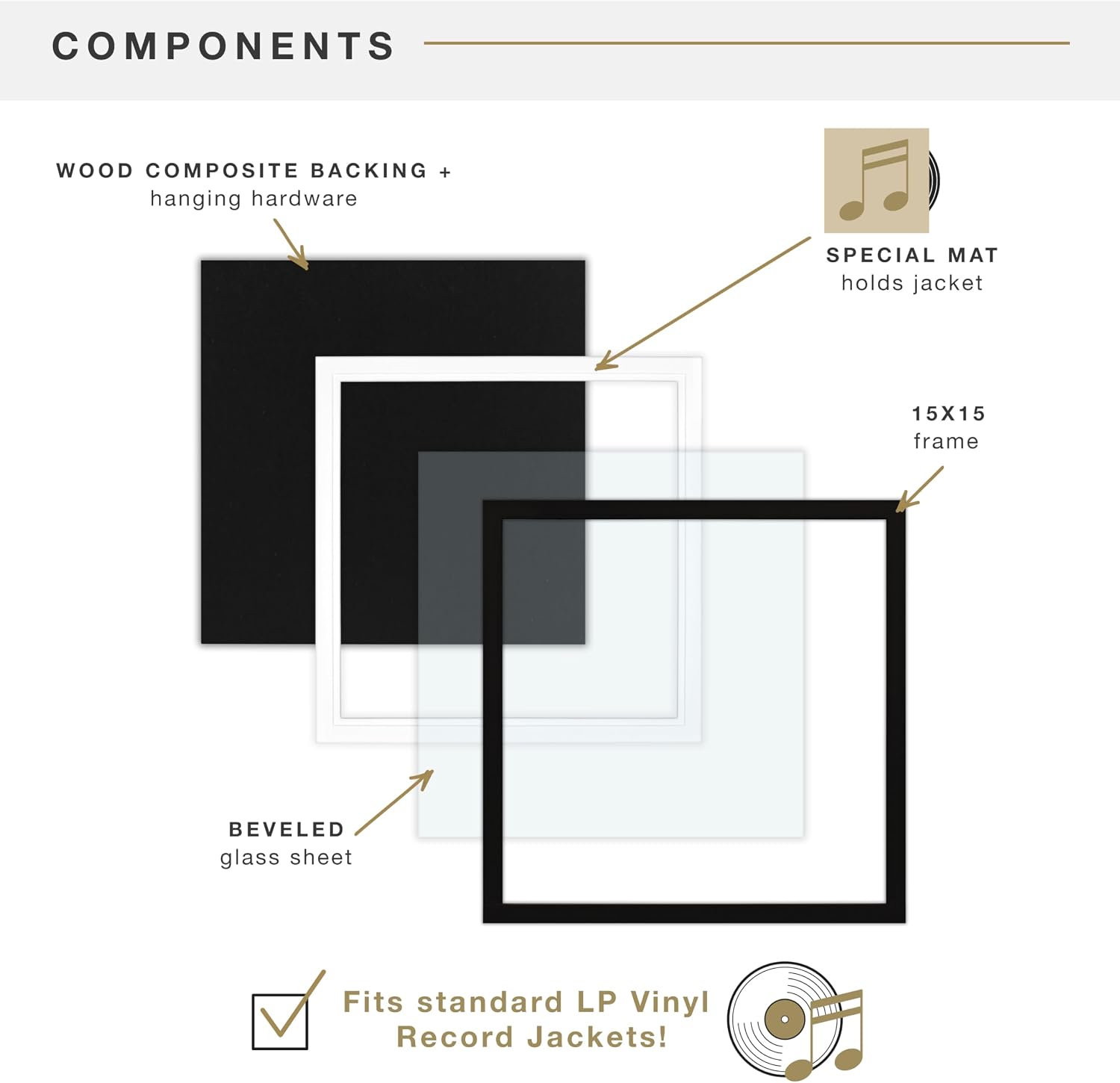 MCS Single Matted Record Album Frame, 15x15, Black | Single Matted Frame Displays Vinyl LP Record And Jacket For Album