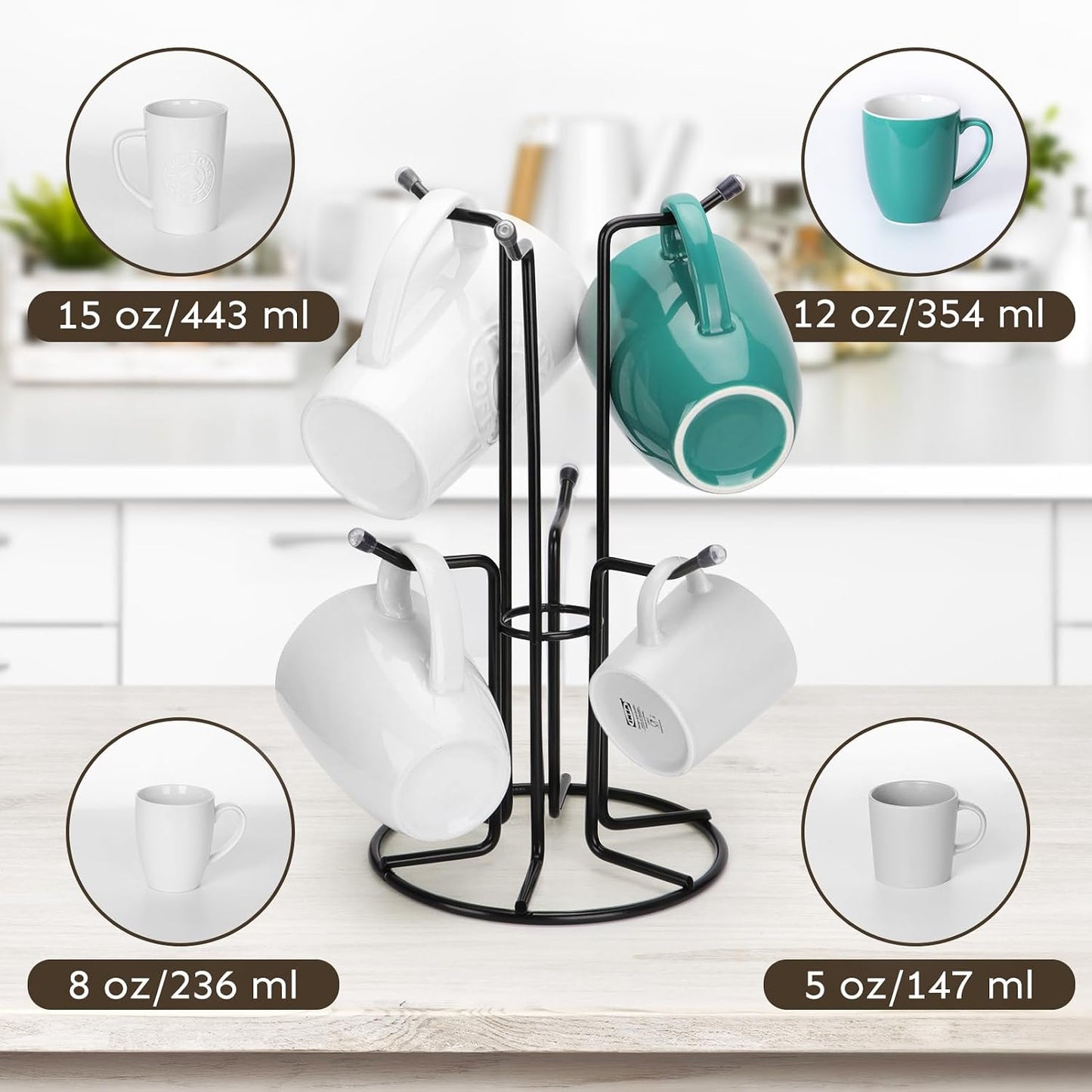 HULISEN Mug Tree for Large Cups, 6 Hook Countertop Coffee Mug Holder, Black | Cup Rack for Counter, Stable Wide Base