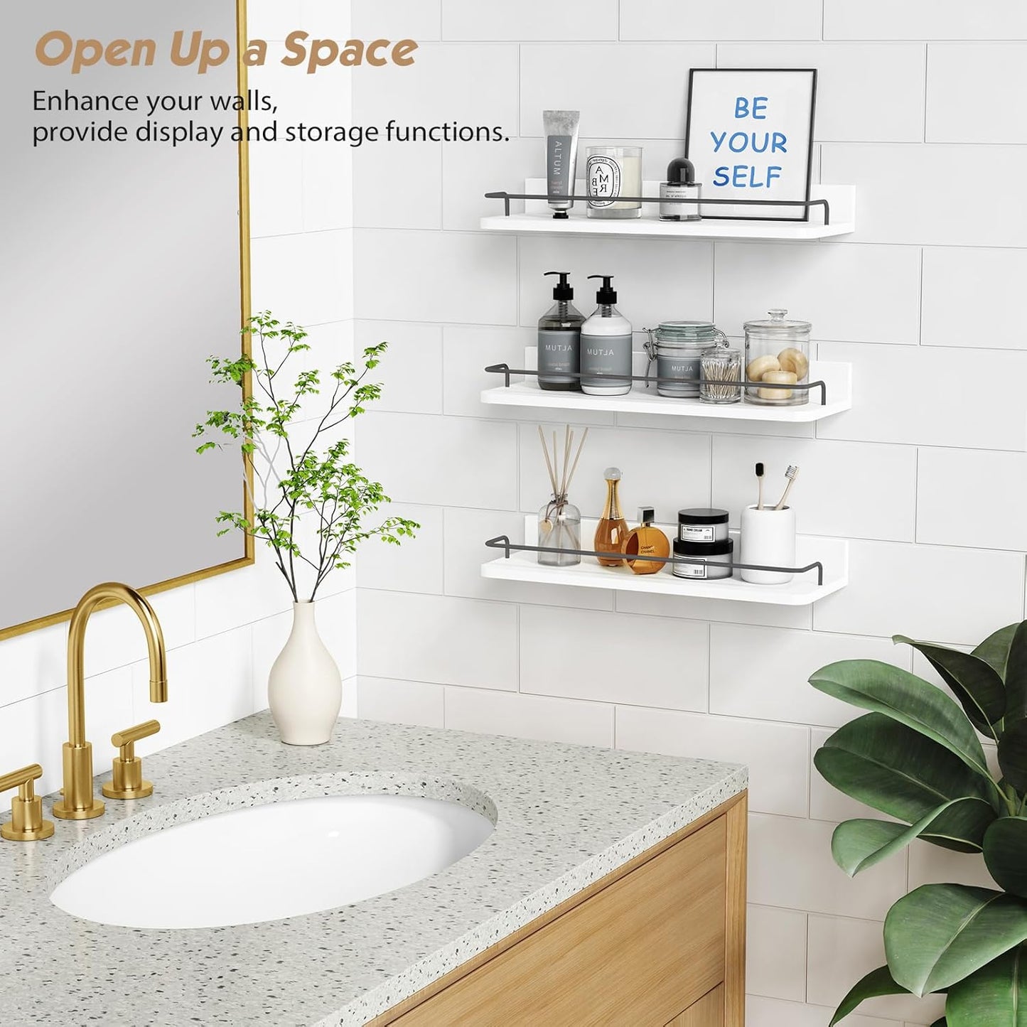 Forbena White Floating Shelves Bathroom Shelves Over Toilet Set of 3, Bathroom Organizers and Storage Shelves Wall