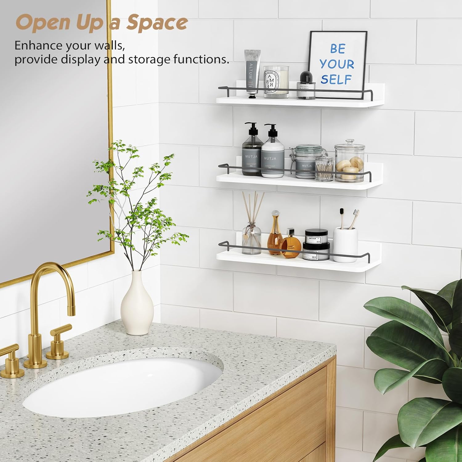 Forbena White Floating Shelves Bathroom Shelves Over Toilet Set of 3, Bathroom Organizers and Storage Shelves Wall