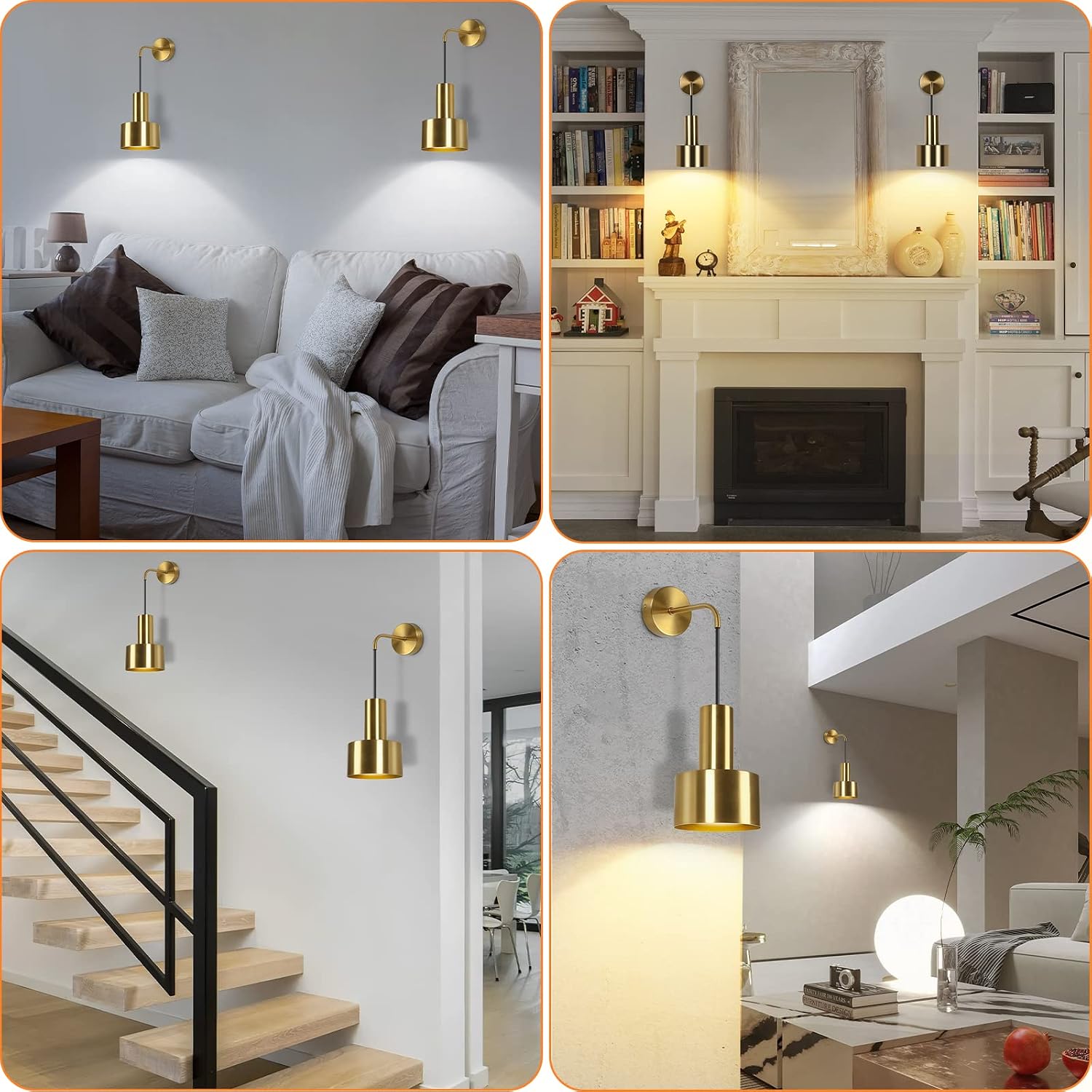 Gold Wireless Battery Operated Wall Sconces Set of 2 with Remote Control | Dimmable Wall Lamp with 3000K-6000K
