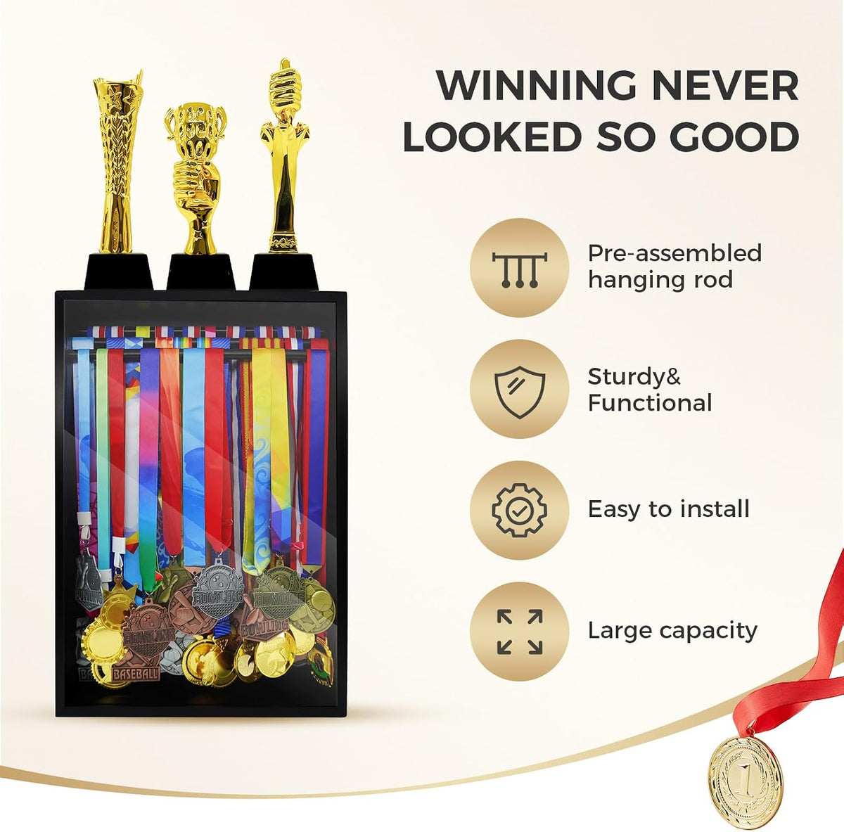 Medal Hanger Display Case, Holds 60+ Medals, HD Tempered Glass | Solid Wood Dust-Proof 22"x15" Wall Mount medal holder