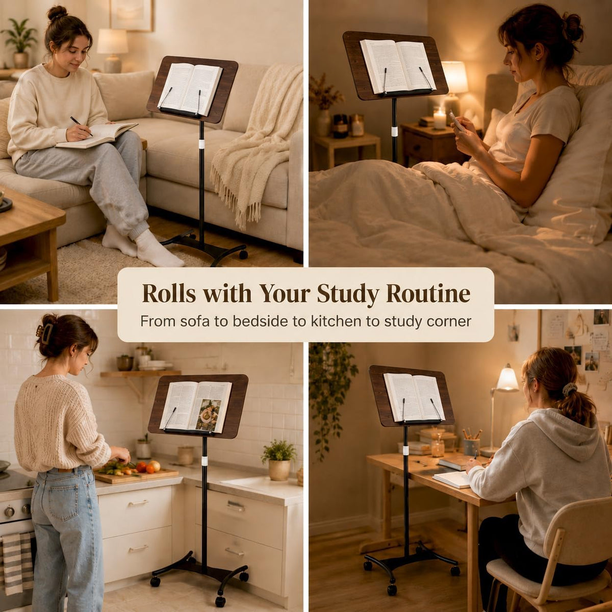 Rolling Book Stand with Wheels, Adjustable Sheet Music & Reading Stand | 16.5 x 11.8 in panel | 19-57 in adjustable