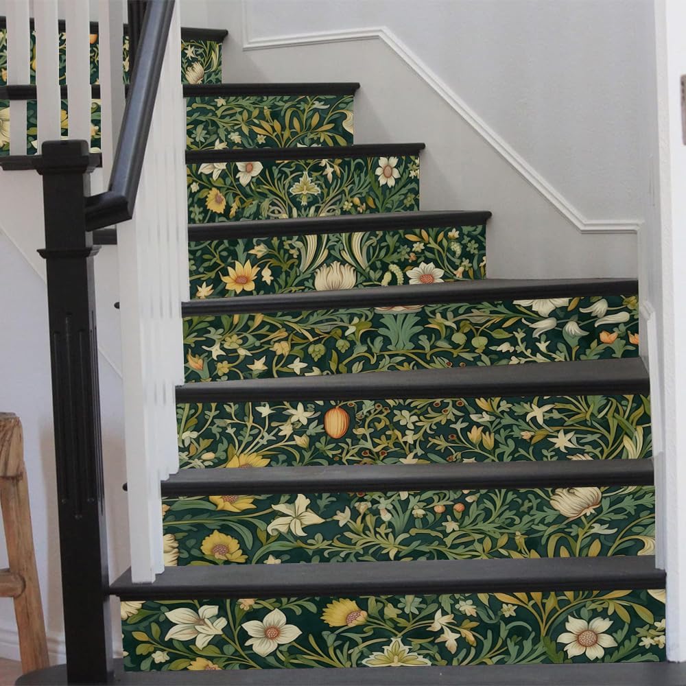 William Morrise Leaf Vine White Flowers Damask Vintage Peel and Stick Vinyl Stair / Stad-043 / Green