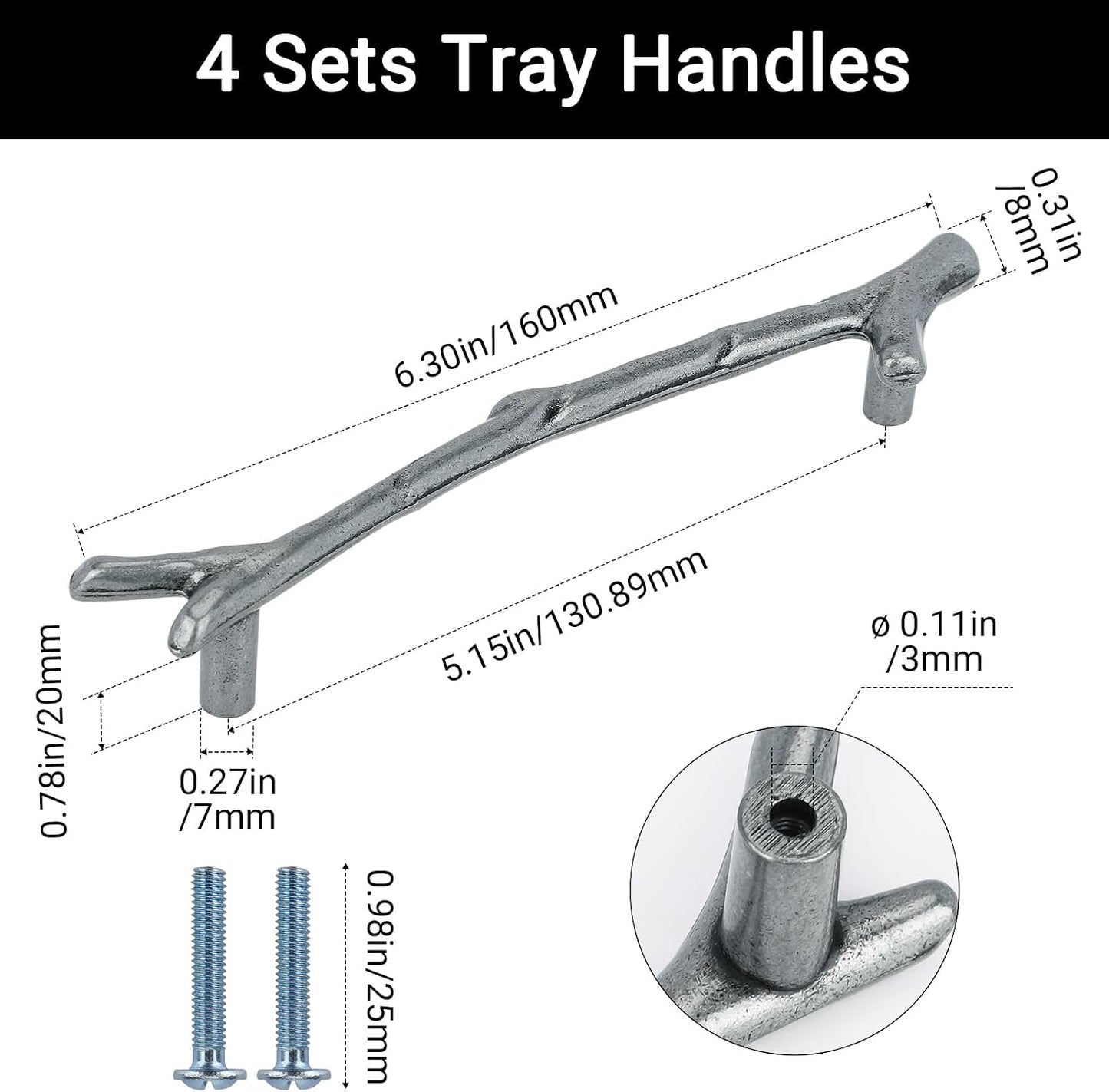 160mm Branches Shaped Metal Handles / Silver / 160 Mm / Set of 4