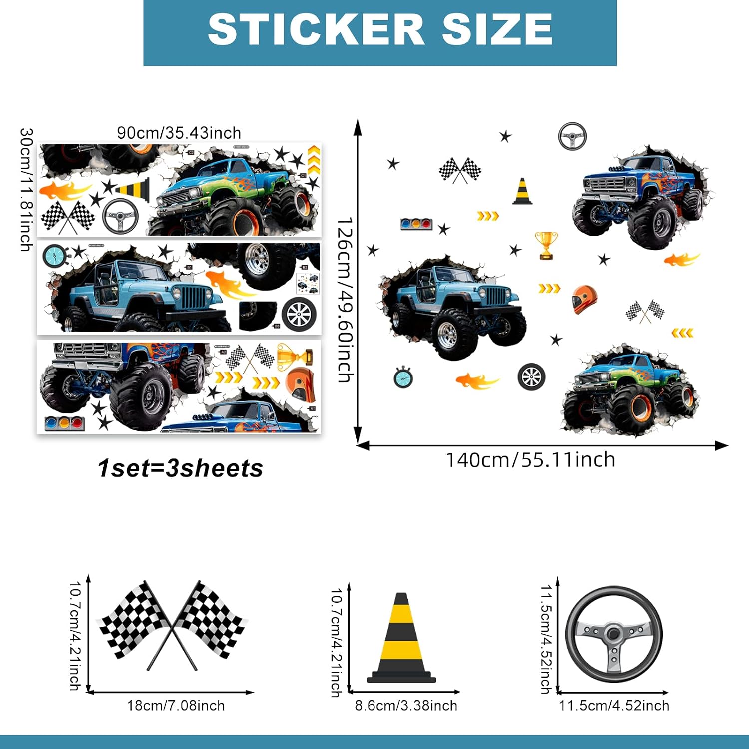 3D Wall Decals 3 Sheets Removable Car Wall Stickers Boys Bedroom Playroom Kids Room / Racing Car