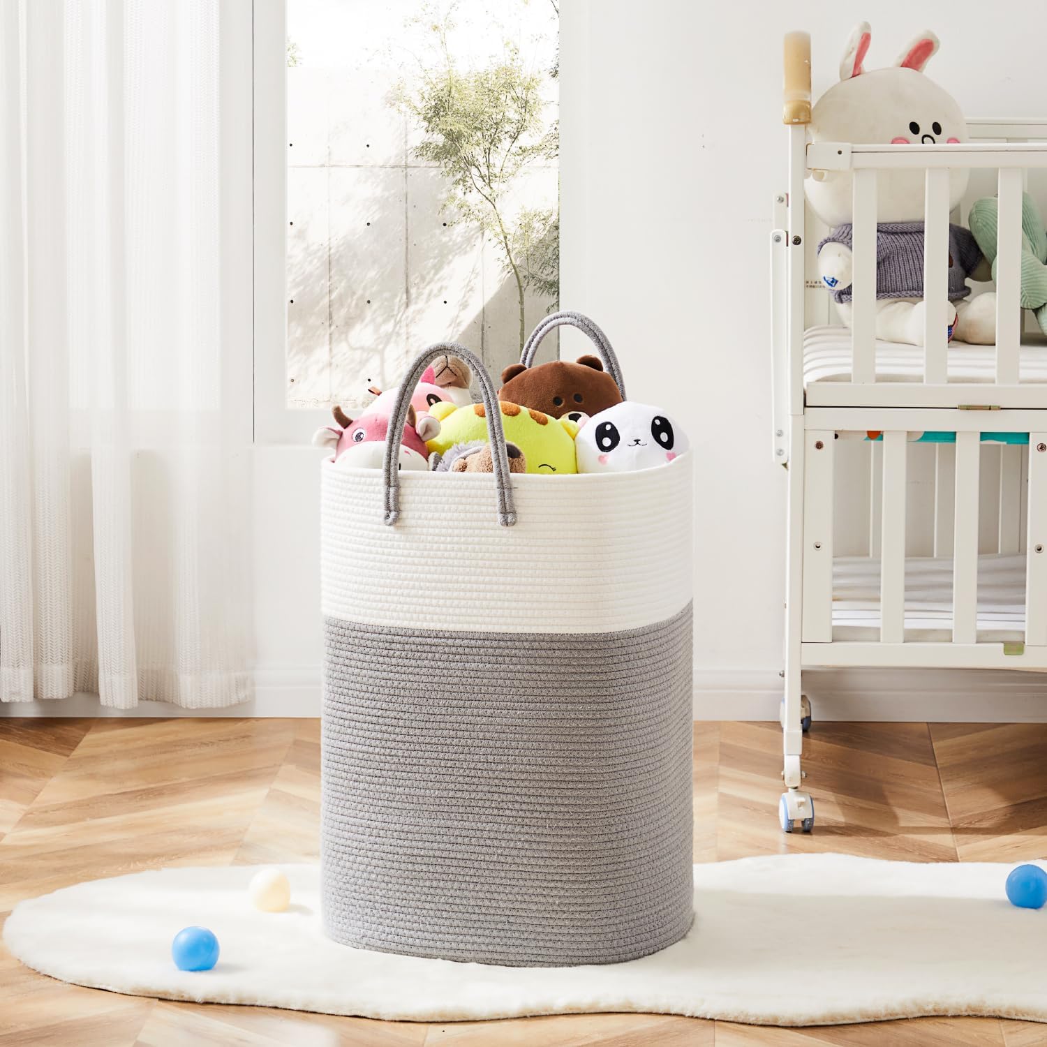 Laundry Basket / Woven Cotton Rope Laundry Hamper / 60L / Grey