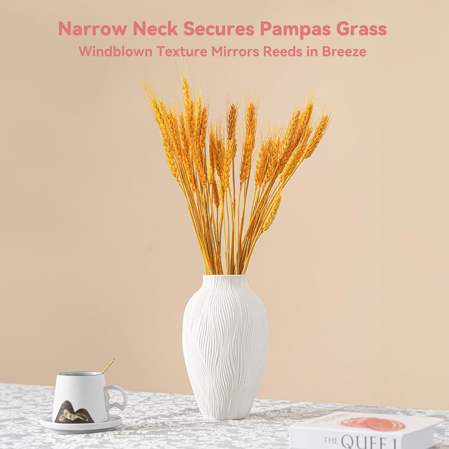 9.2" Unique Flower Vase for Pampas Grass/Centerpieces / Windblown Texture Vase / White