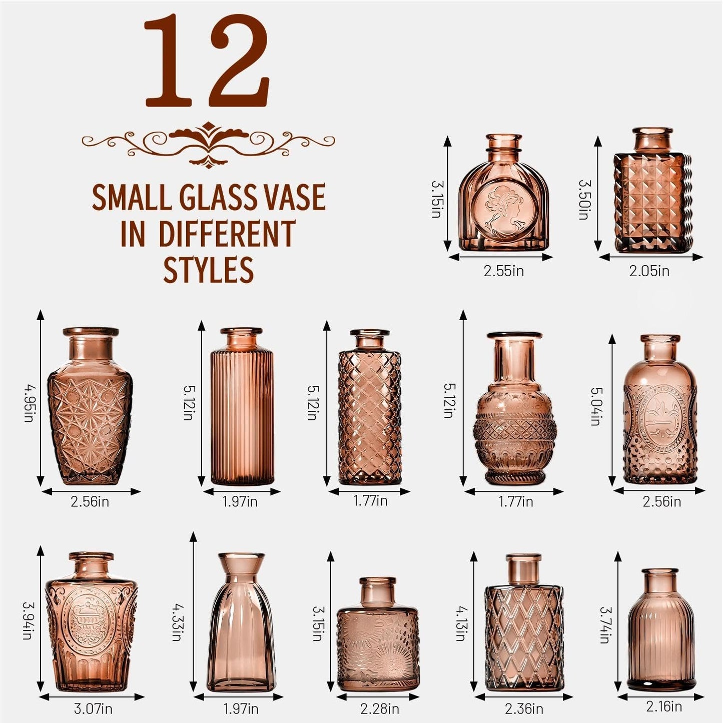 Clear Bud Vases for Flowers / Brown / Set of 12