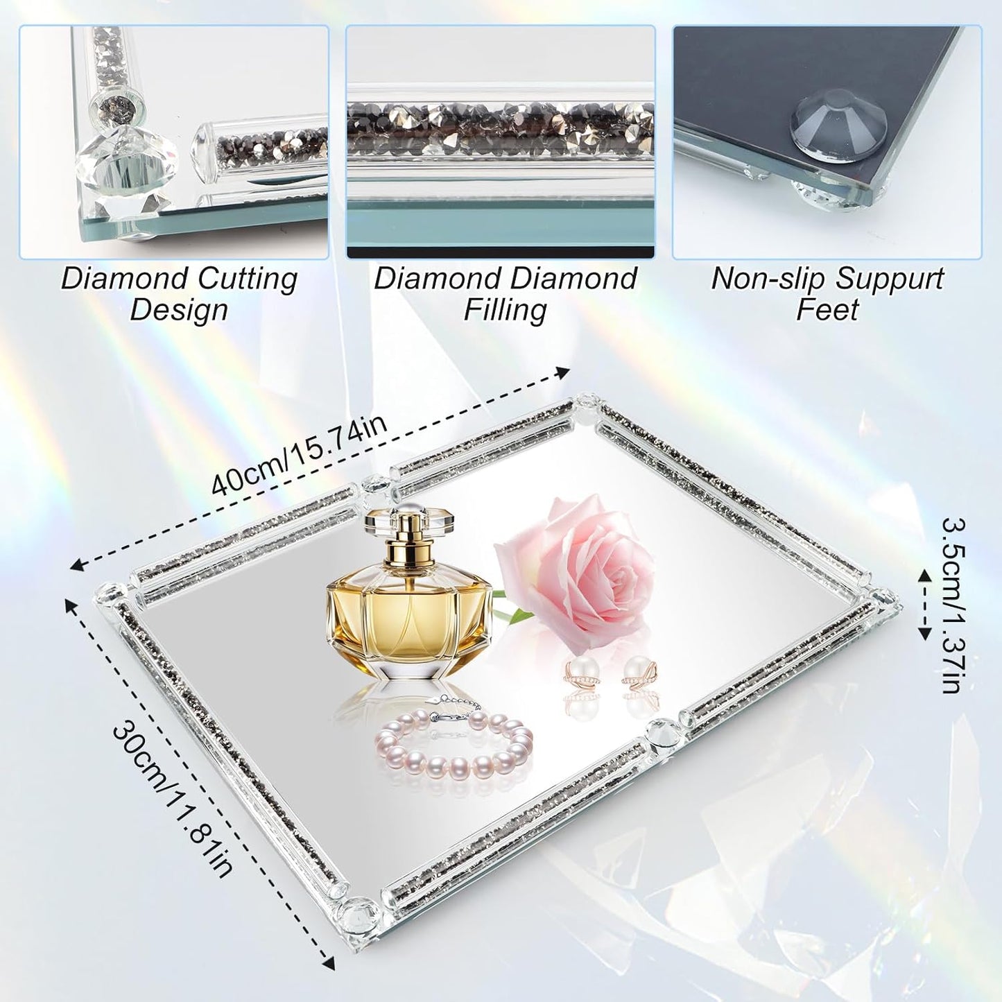 Crushed Diamond Filled Glass Vanity Tray / Black / 15.7 x 11.8 x 1.4