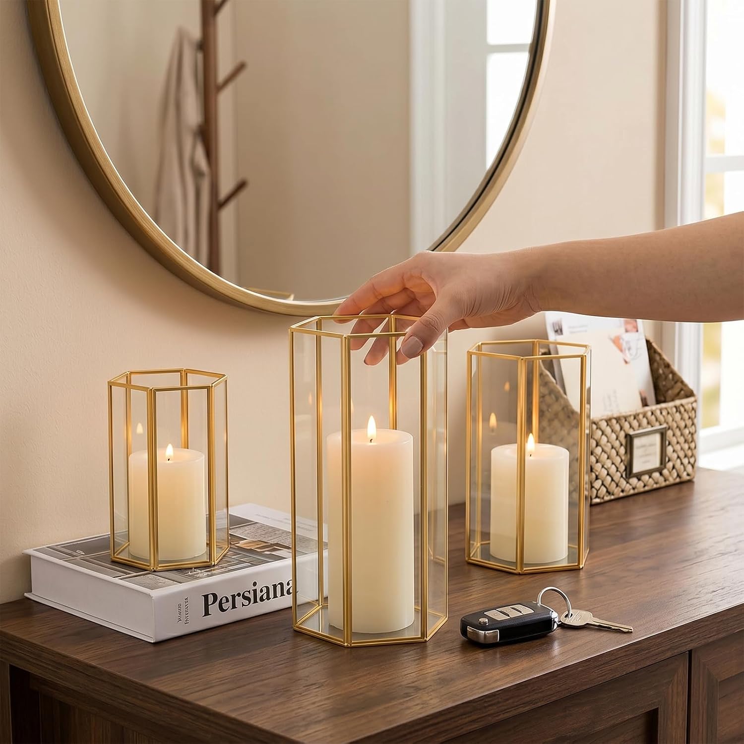 Gold Glass Hurricane Candle Holder Set of 3 Large Clear Hexagon Lanterns | Pillar Candle Lantern with Gold Metal Frame