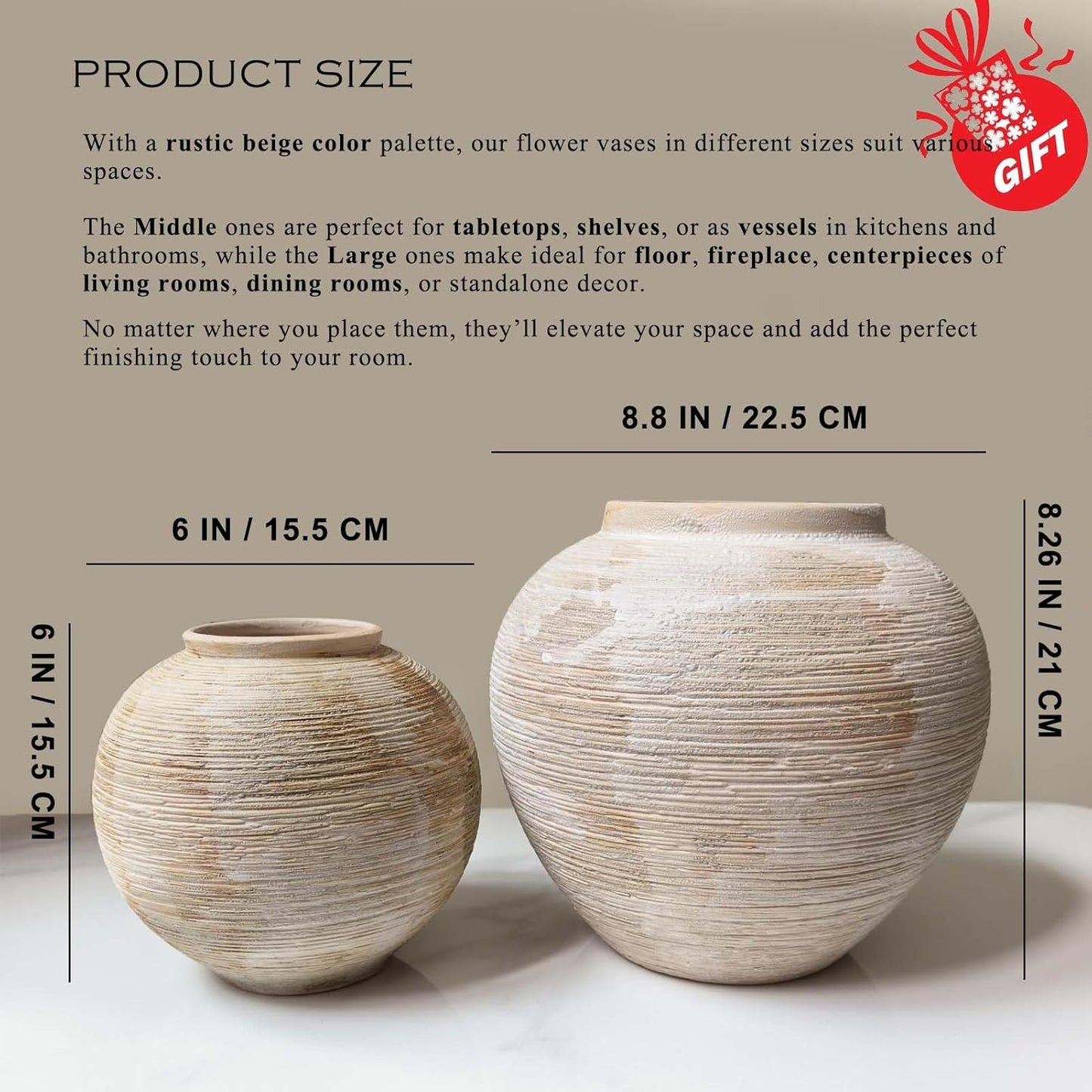 Large Rustic Ribbed Vase Home Decor / 01 - Large Rustic Ribbed Beige / 8.8 Inch