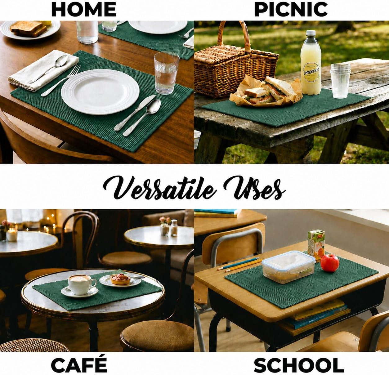 100% Cotton Ribbed Placemats - Set of 4-13 x 19 Inches - Peacock Green - Everyday Cloth Table Mats - Thick