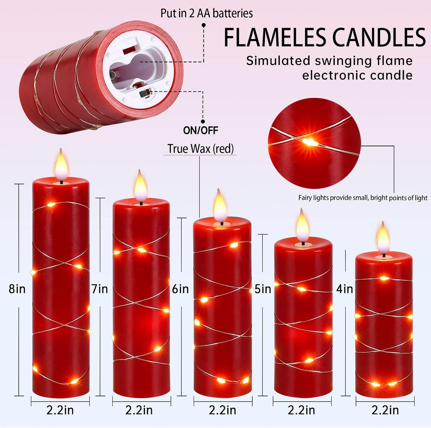 Red Flameless Candle with Remote Control LED Candle with String Lights Battery Powered Flameless Candle4'' 5'' 6'' 7''
