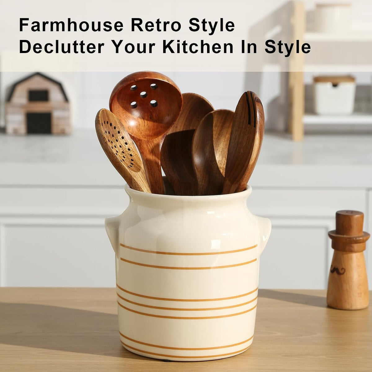 Ceramic Farmhouse Kitchen Utensil Holder for Countertop, Rustic Cooking Utensil Holder Crock Fit for Kitchen Counter.