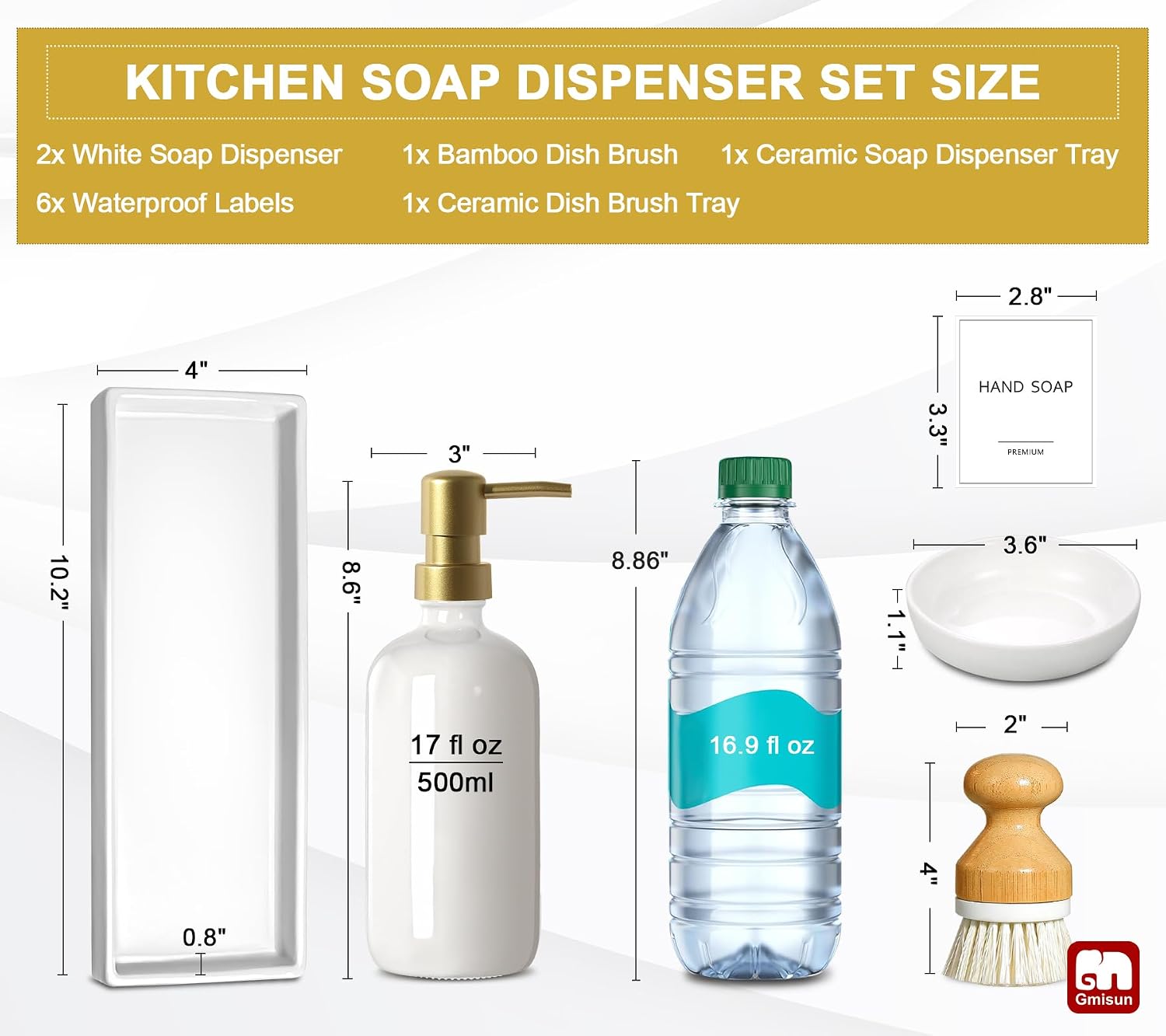 GMISUN Kitchen Soap Dispenser, 16 Oz Kitchen Dish Soap Dispenser Set with Ceramic Tray & Bamboo Brush, 2Pcs Farmhouse
