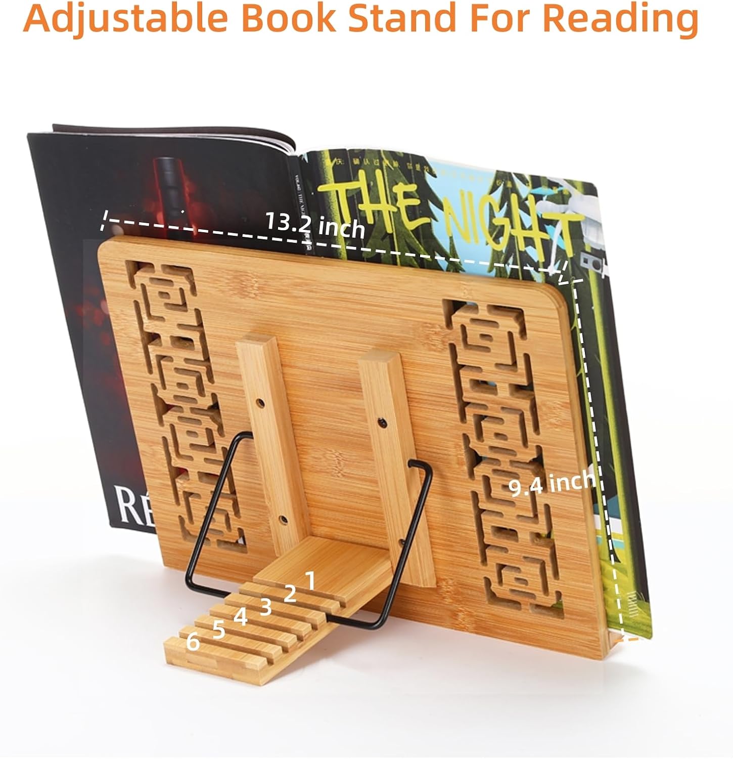 MEGREZ Foldable Bamboo Book Stand Adjustable Cookbook Reading Holder | anti-slip, lightweight, foldable flat storage