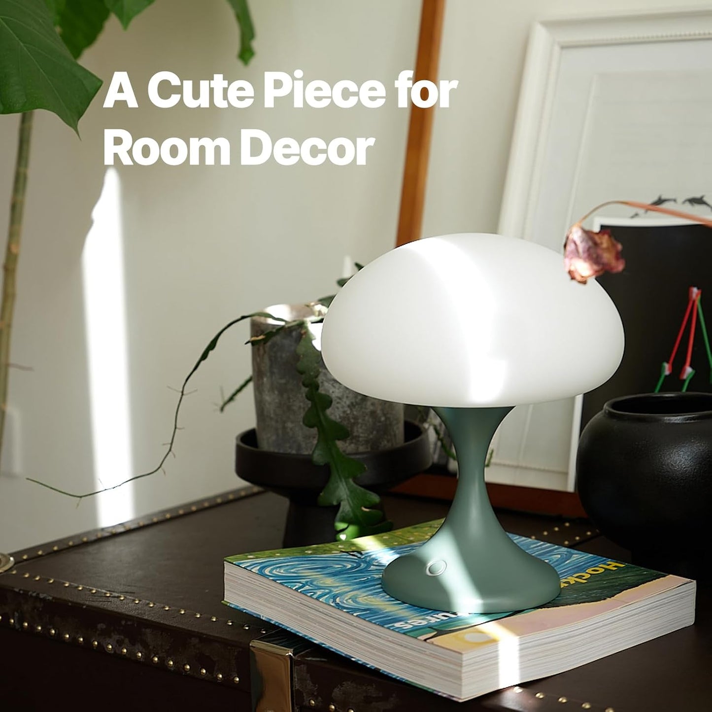 Mushroom Lamp, 5W LED Cordless Rechargeable Table Lamp with Glass Shade, Small Retro Dimmable Touch Light with 3 Color