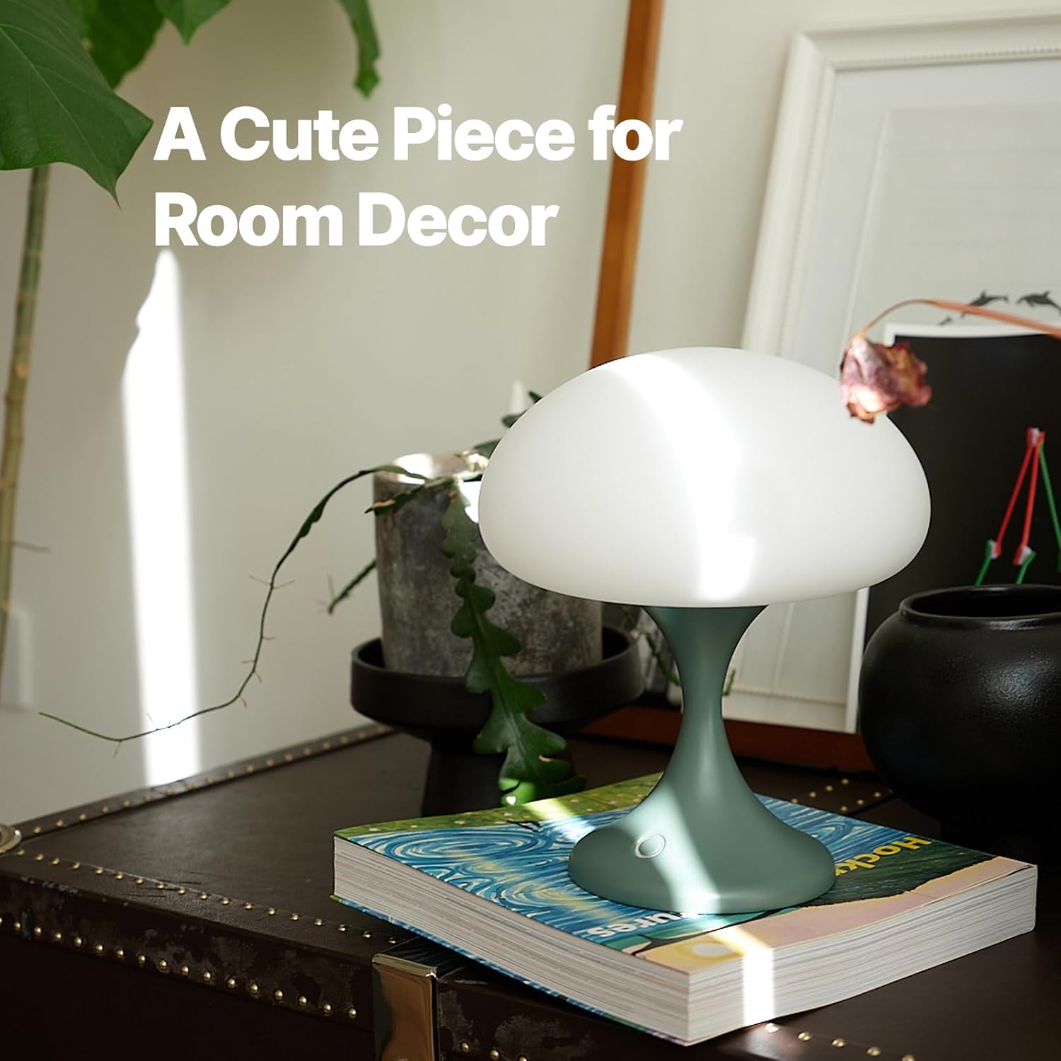 Mushroom Lamp, 5W LED Cordless Rechargeable Table Lamp with Glass Shade, Small Retro Dimmable Touch Light with 3 Color