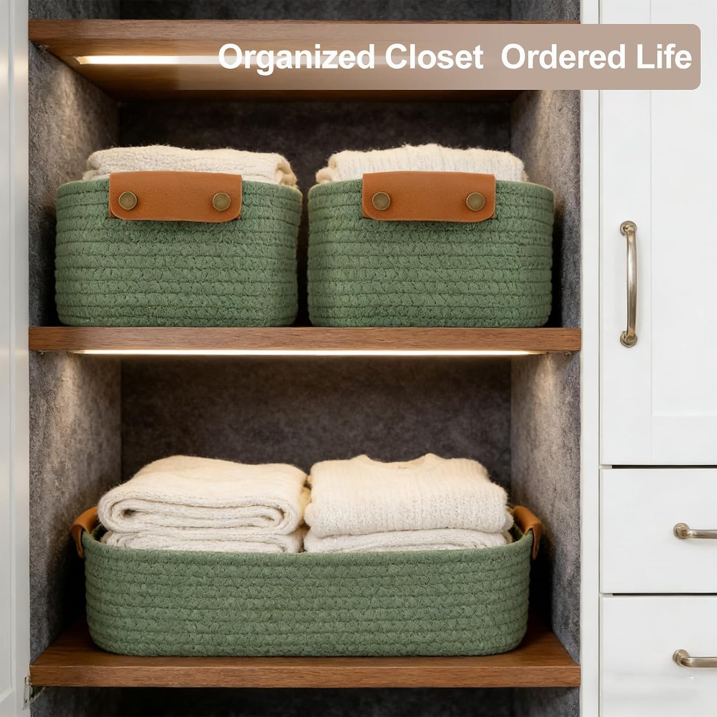 Woven Rope Shelf Bins for Organizing / Sage / Green / Set of 5