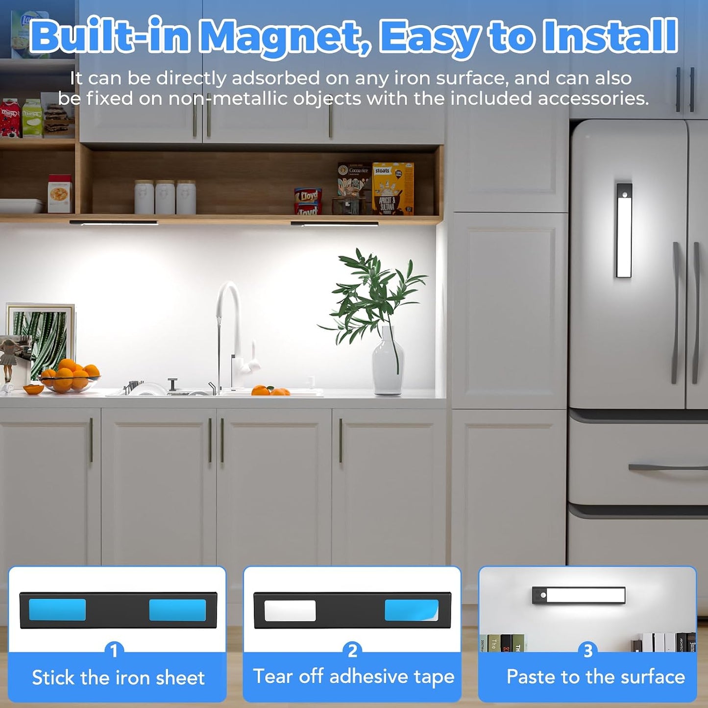 3 Pack Under Cabinet Lights, 32 LED Cold White Rechargeable Under Cabinet Lighting Motion Sensor LED Lights for