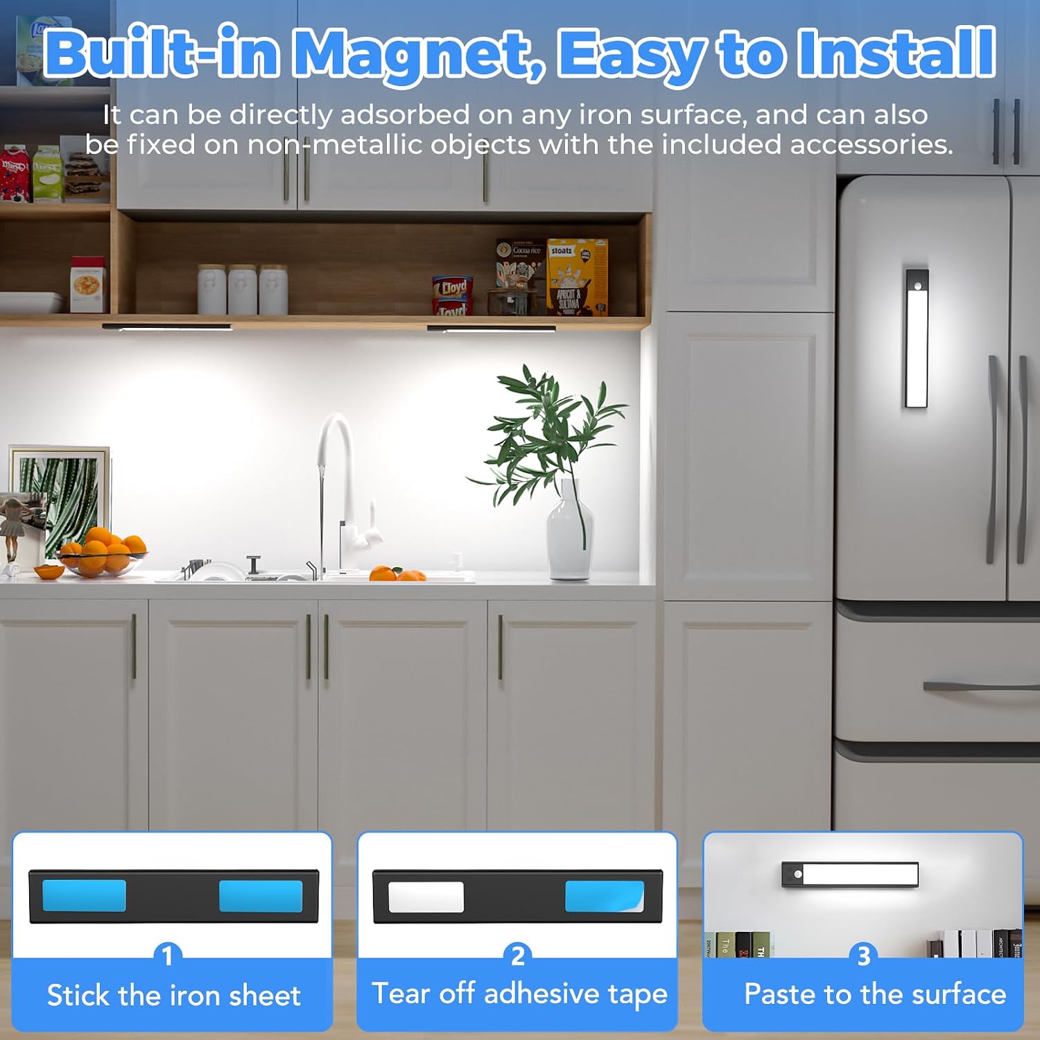 3 Pack Under Cabinet Lights, 32 LED Cold White Rechargeable Under Cabinet Lighting Motion Sensor LED Lights for