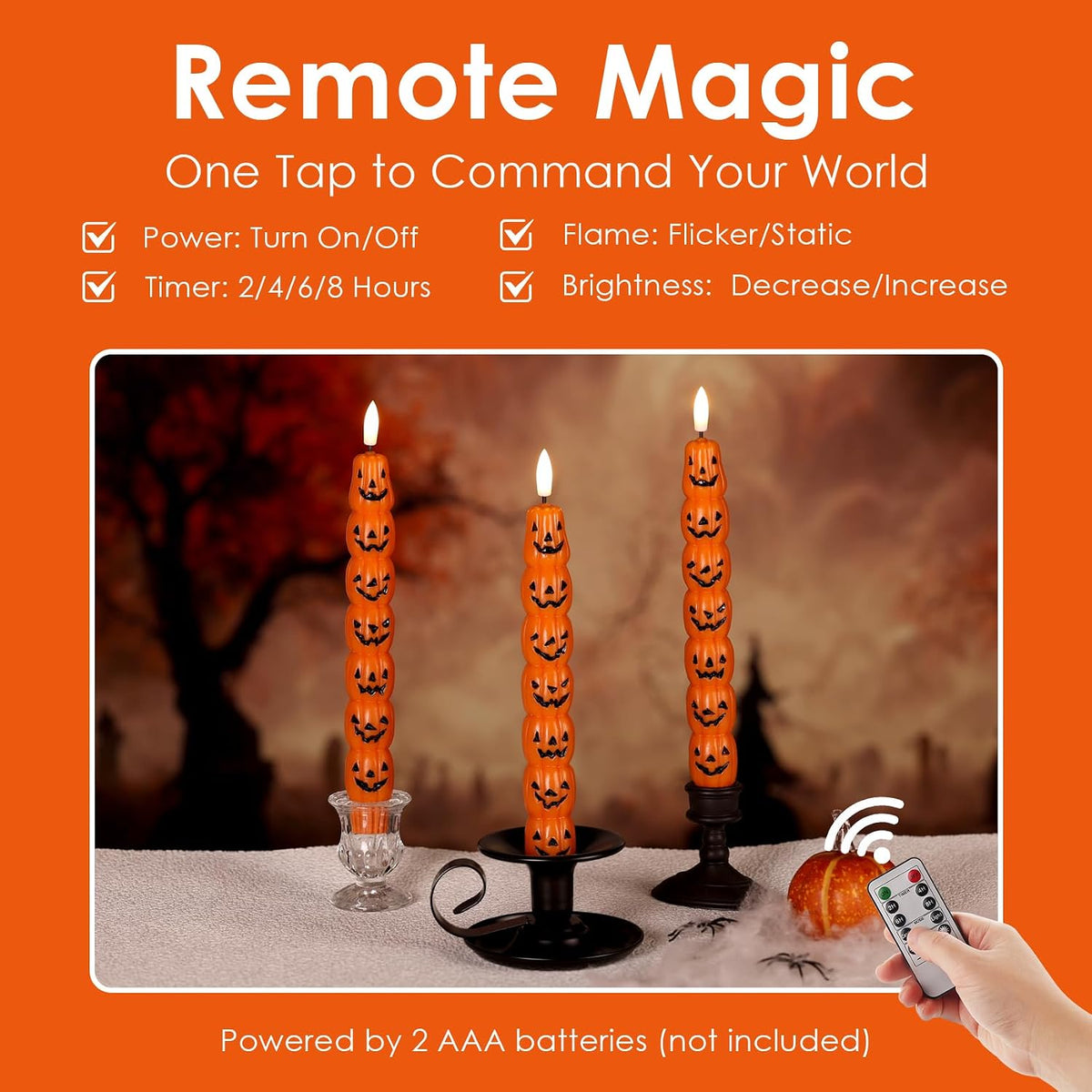 Orange Pumpkin Halloween Flameless Taper Candles with Remote | Spooky Flickering LED Wax Candlesticks, 2 AAA Battery