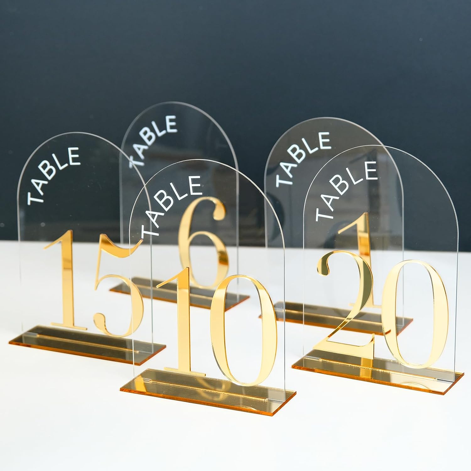 Clear Arch Wedding Table Numbers 1-15, Gold Numbers and Stands | 15 Pack 5x7 Inch Clear Arch Acrylic Sign with Raised