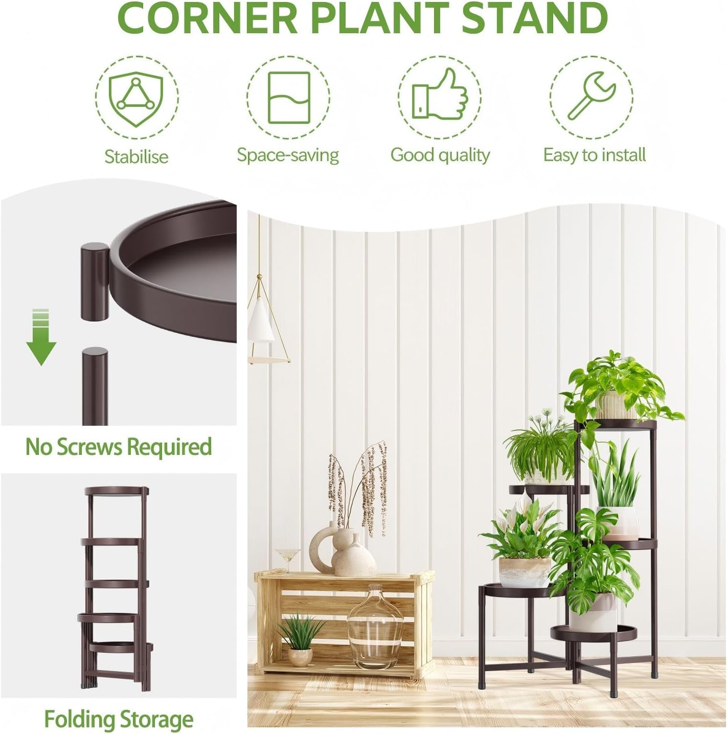 iDavosic.ly 5 Tier Large Plant Stand Indoor Outdoor, 10 Inch Tray, Bronze | Tiered Metal Corner Heavy Duty Multiple