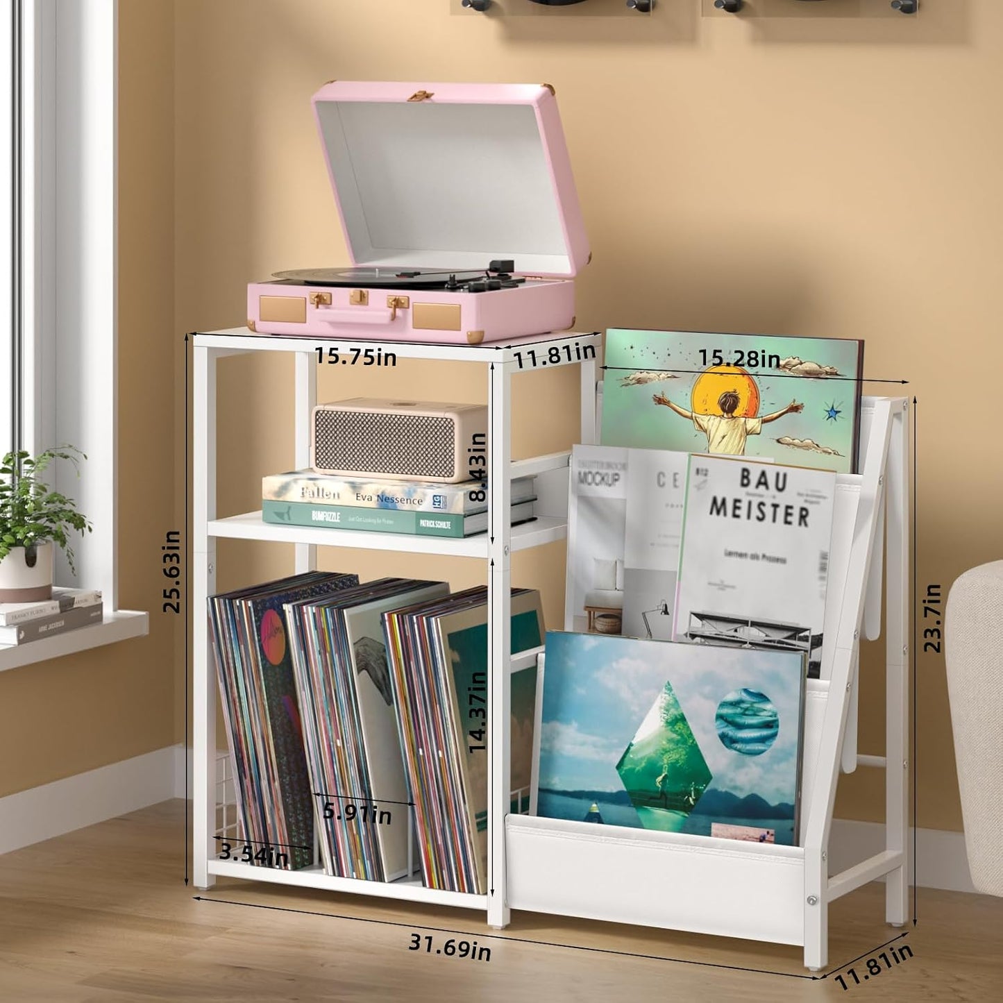 Record Player Table,Turntable Shelf with Vinyl Storage Up to 150 Albums,White Side Table with 3 Tier Magazine