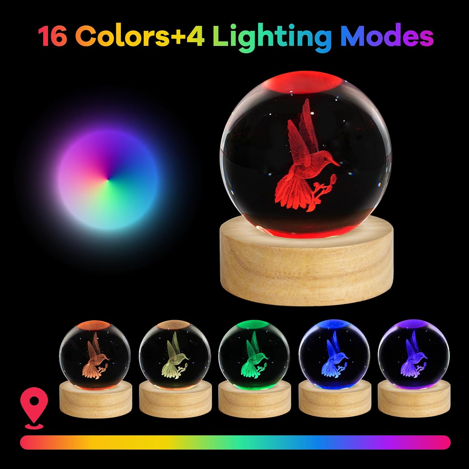 3D Crystal Ball Night Light Figurines Decor Table Lamp / Hummingbird / 2.4 Inch