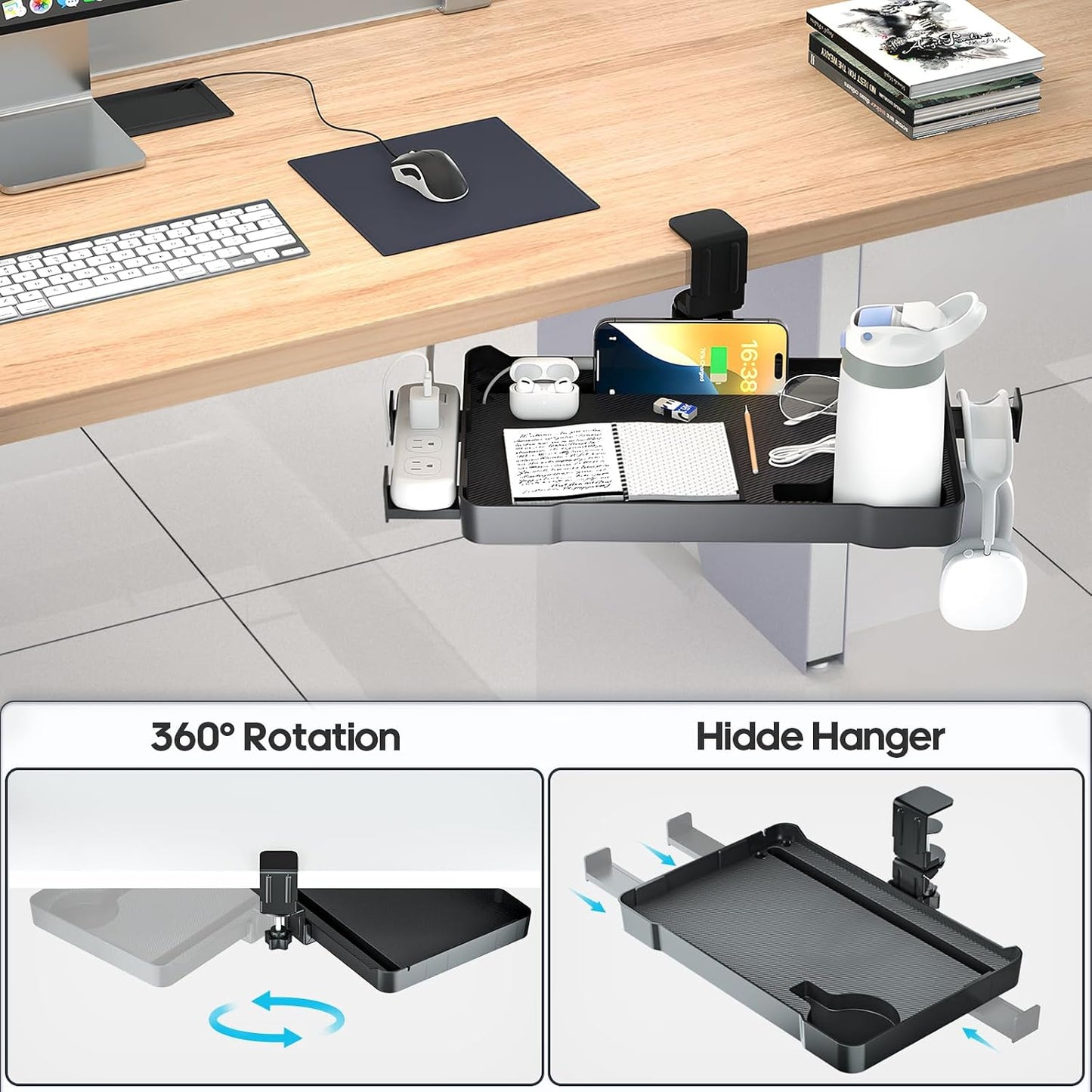 KDD Under Desk Organizer - 360° Rotating Clamp-On Tray with Headphone Hook, Phone & Tablet Holder, Cup Holder, and