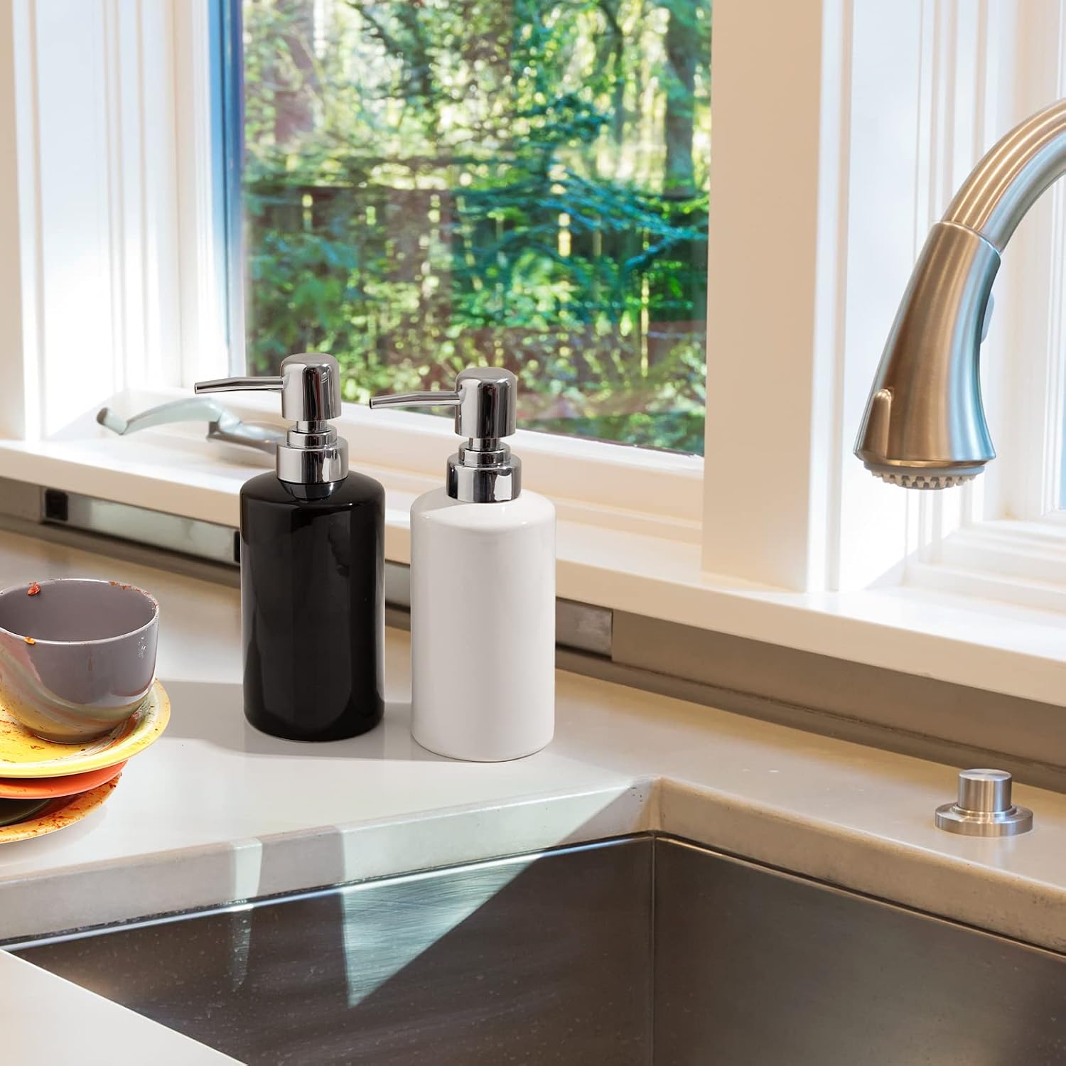 FE Soap Dispenser, 300ml/10oz Ceramic Liquid Soap Pump Dispenser, Refillable Dish Soap Dispenser for Kitchen Bathroom