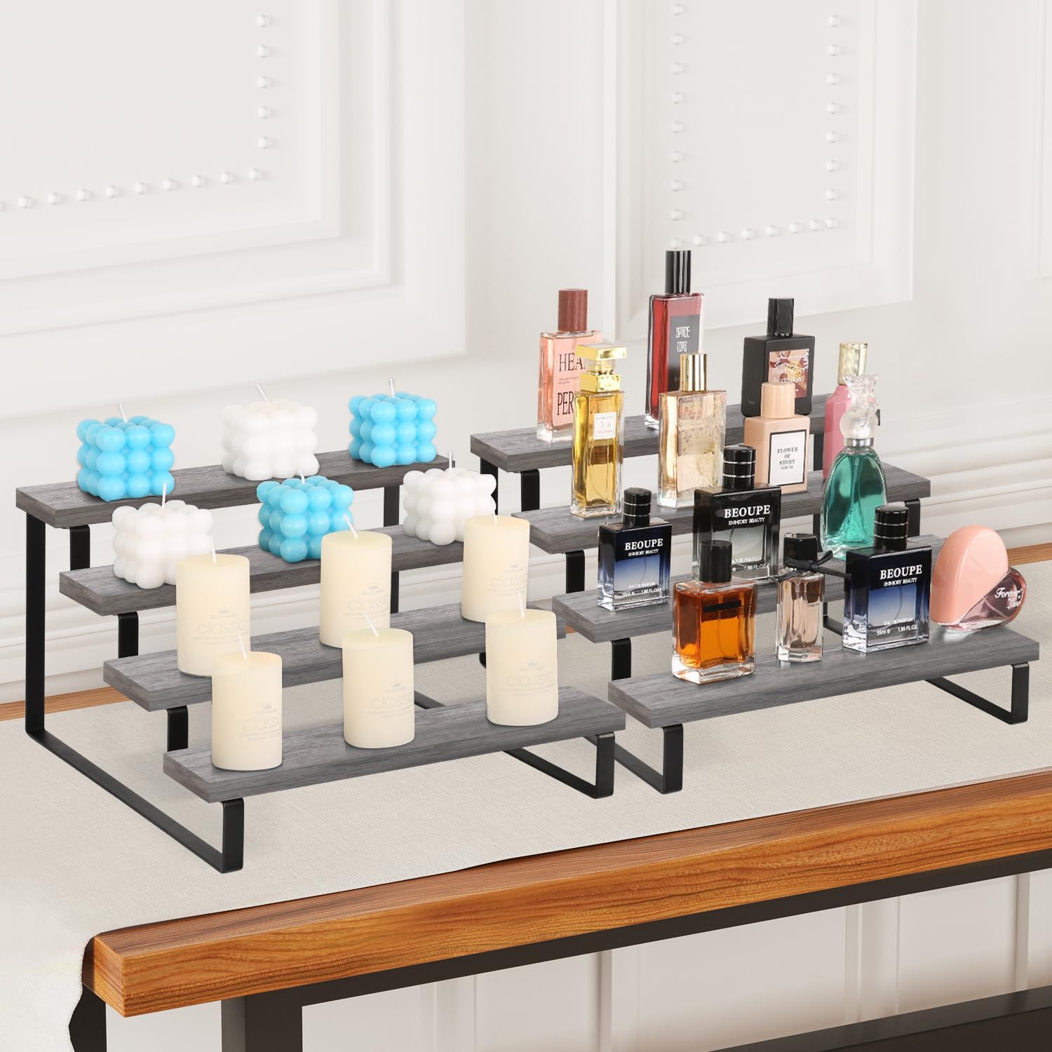 YINMIT Wooden Display Riser Stand, Tiered Perfume and Cologne Organizer Stand, 4 Tier Spice Rack Organizer, Rustic