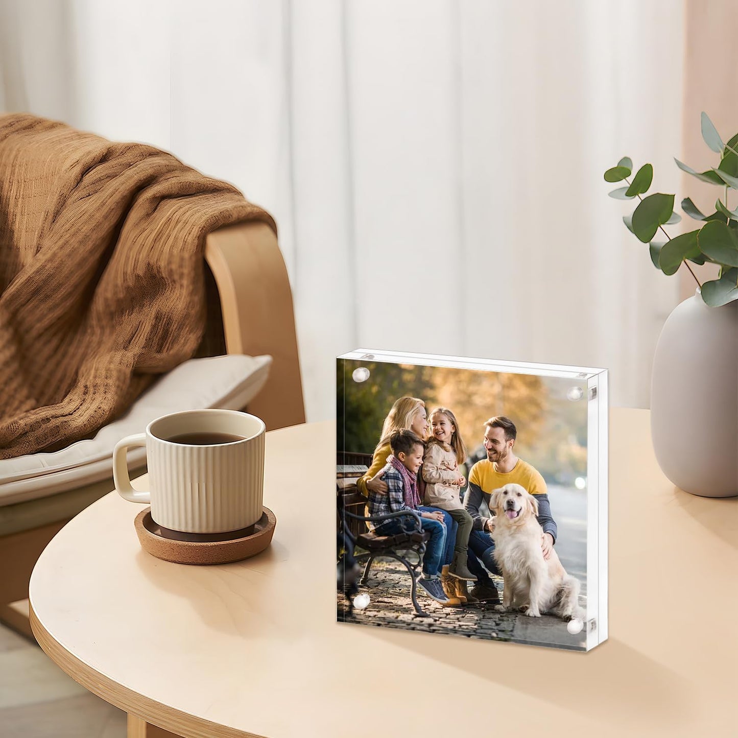 AMEITECH 8x8 Acrylic Picture Frame, Frameless Clear Photo Frames | Double Sided Floating Magnetic Frames, 24mm Thick